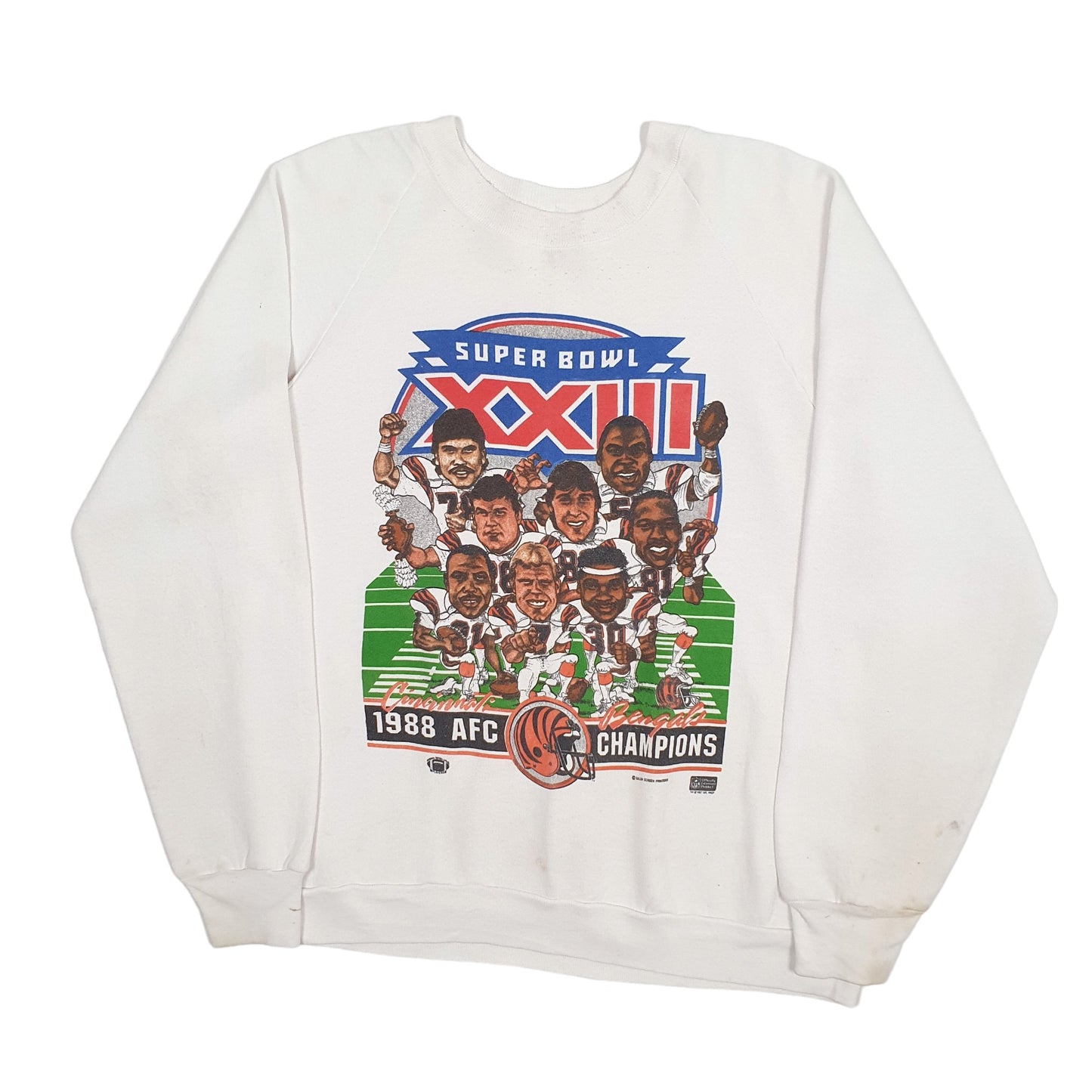 Mens White Fruit of the Loom Vintage 1988 80s Superbowl Cincinnati Bengals Crewneck Jumper