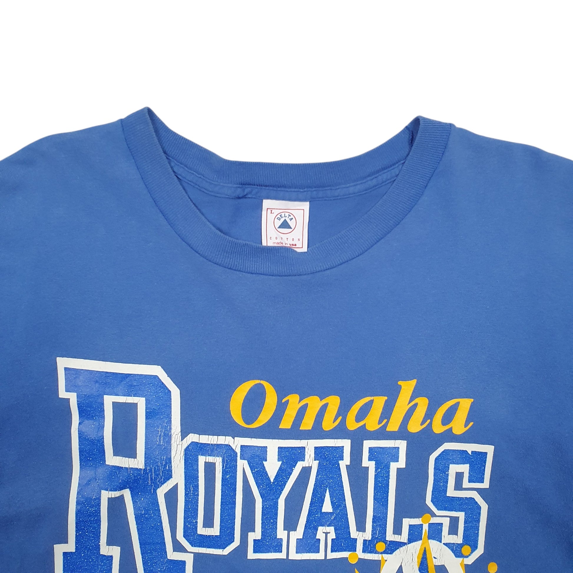 Mens Blue Delta Single Stitch Vintage 90s Made In USA Omaha Royals Short Sleeve T Shirt