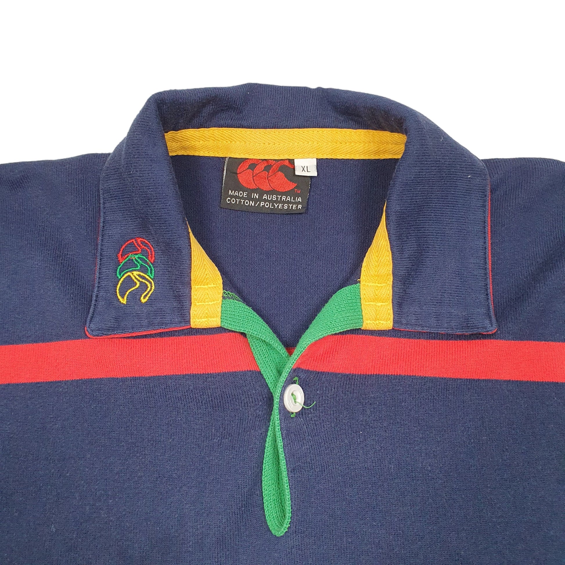 Mens Navy Canterbury Rugby Australia Spellout Striped Long Sleeve Polo Shirt