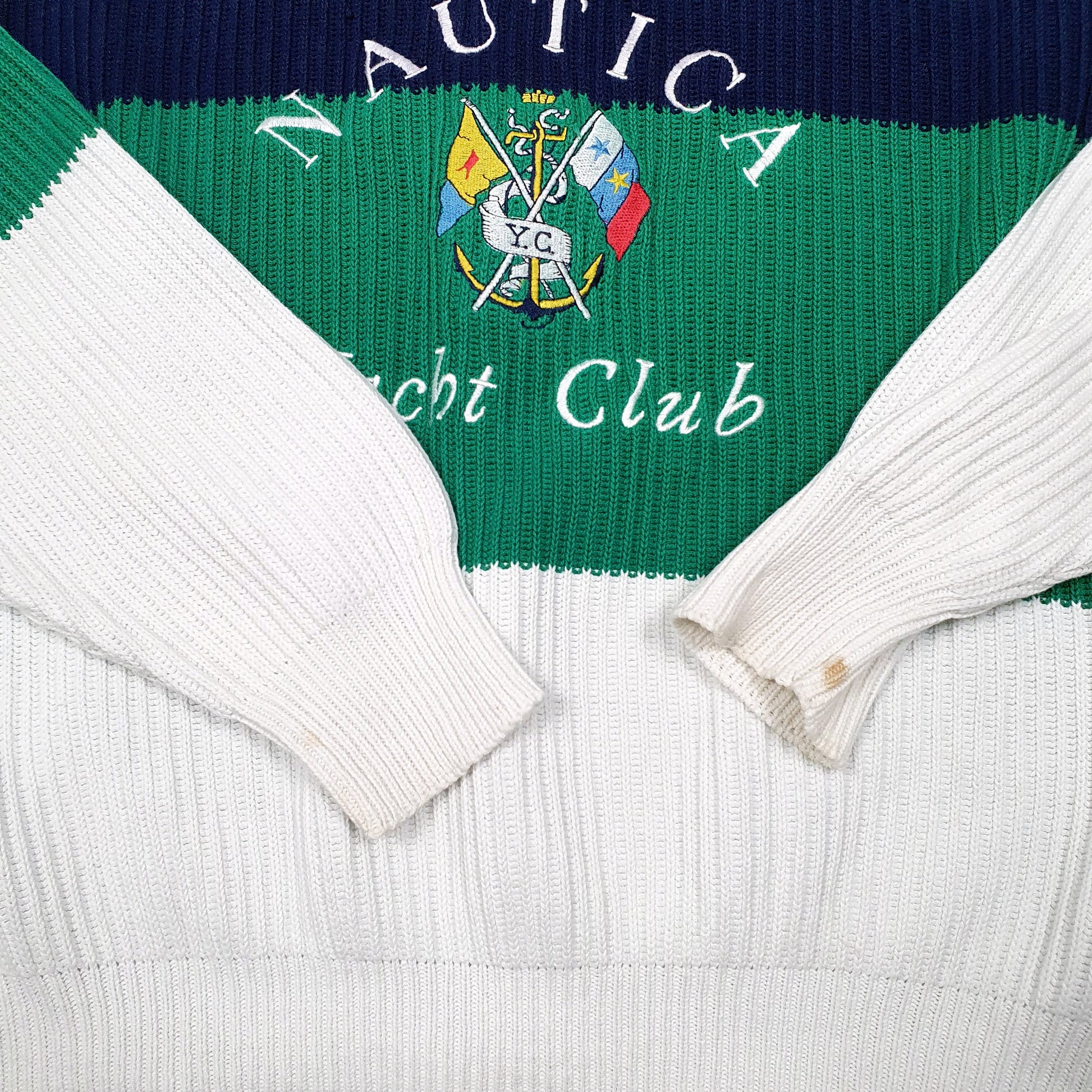 Mens White Nautica Knit Vintage Yacht Club 90s Spellout Crewneck Jumper