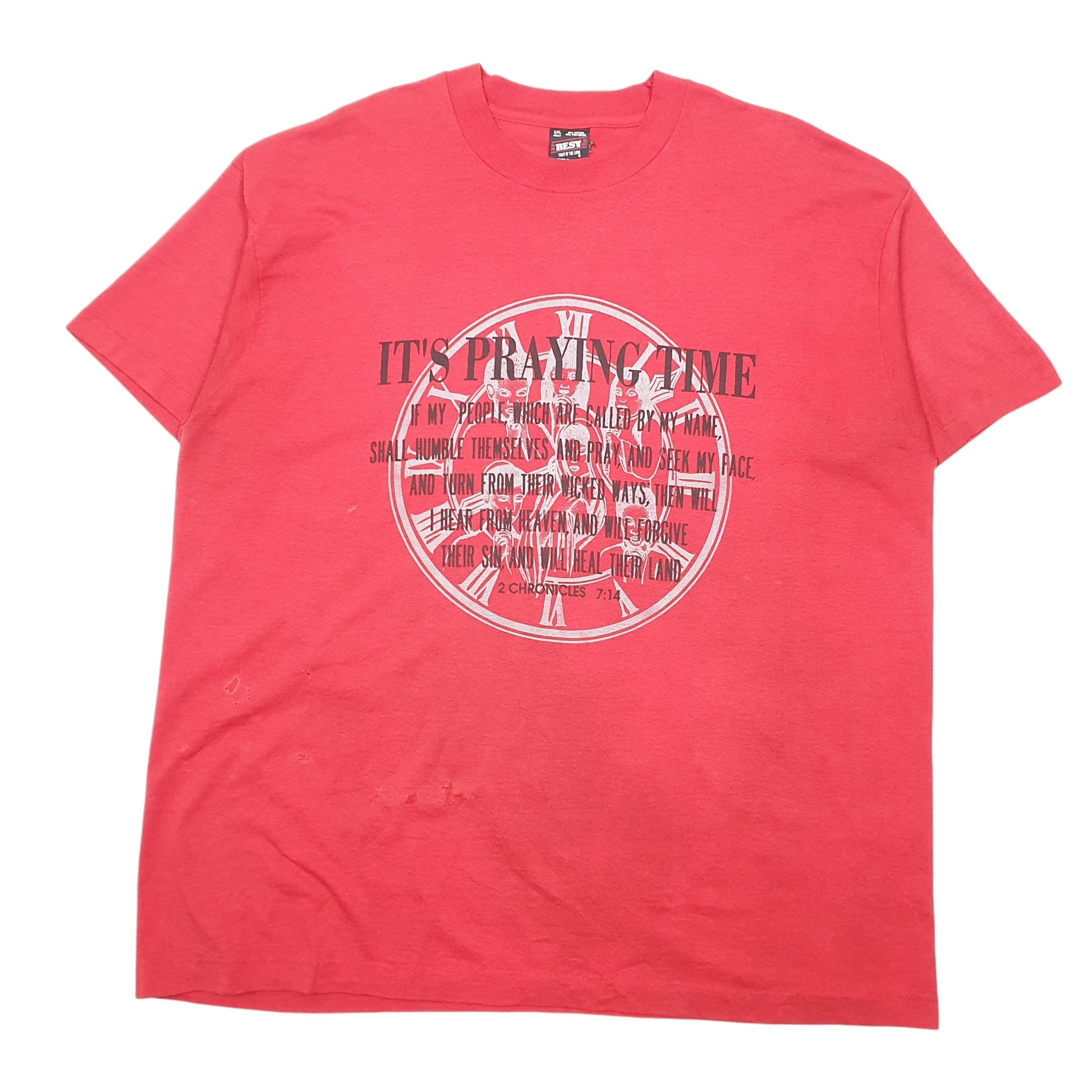 Mens Pink Fruit Of The Loom Single Stitch Vintage 90s Made In USA Praying Time Short Sleeve T Shirt