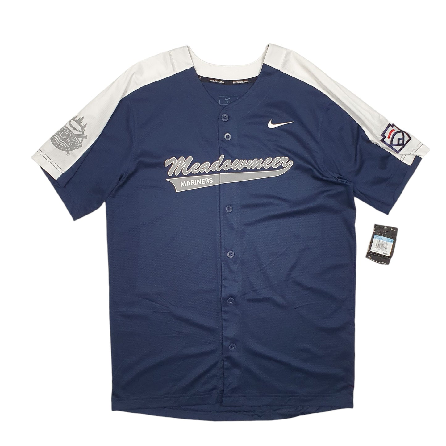 Mens Navy Nike Team Baseball Jersey Meadowmeer Mariners Little League USA Short Sleeve T Shirt