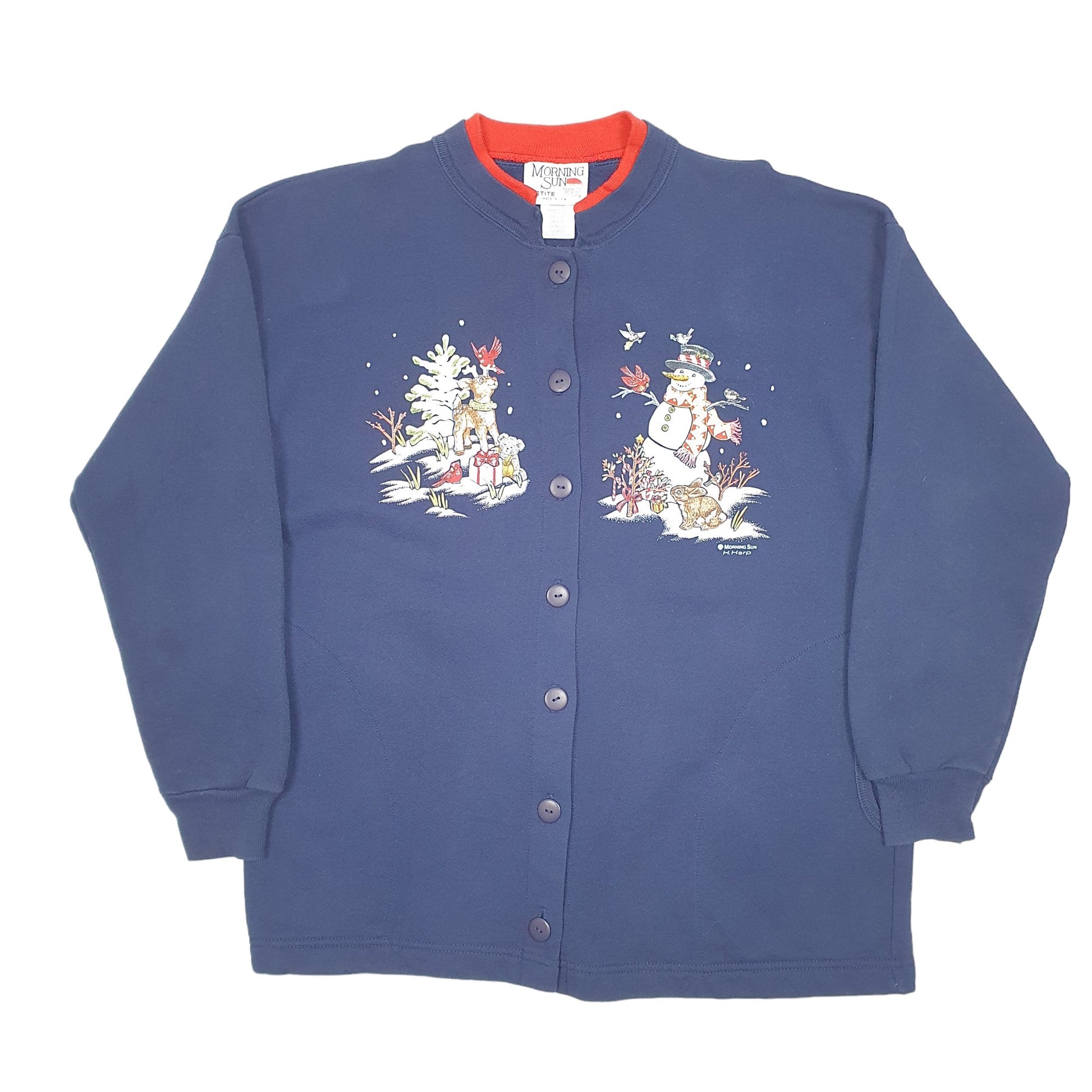 Womens Navy Morning Sun Cardigan Festive Vintage Snowman Rudolf Made In USA Sweater Crewneck Jumper