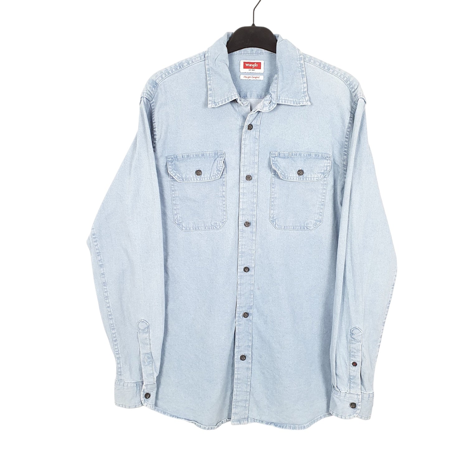 Mens Blue Wrangler Chambray Flex Comfort Work Long Sleeve Shirt
