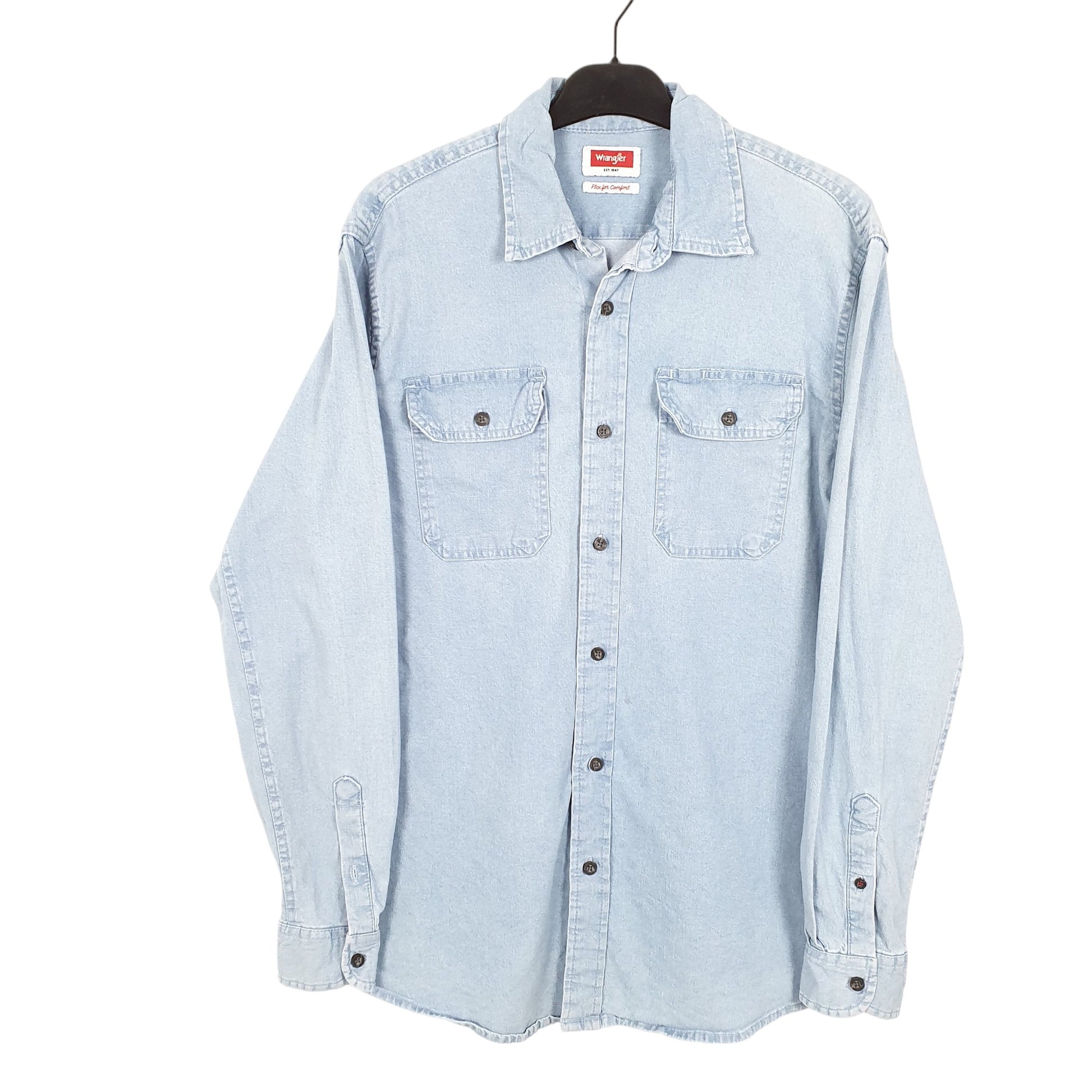 Mens Blue Wrangler Chambray Flex Comfort Work Long Sleeve Shirt