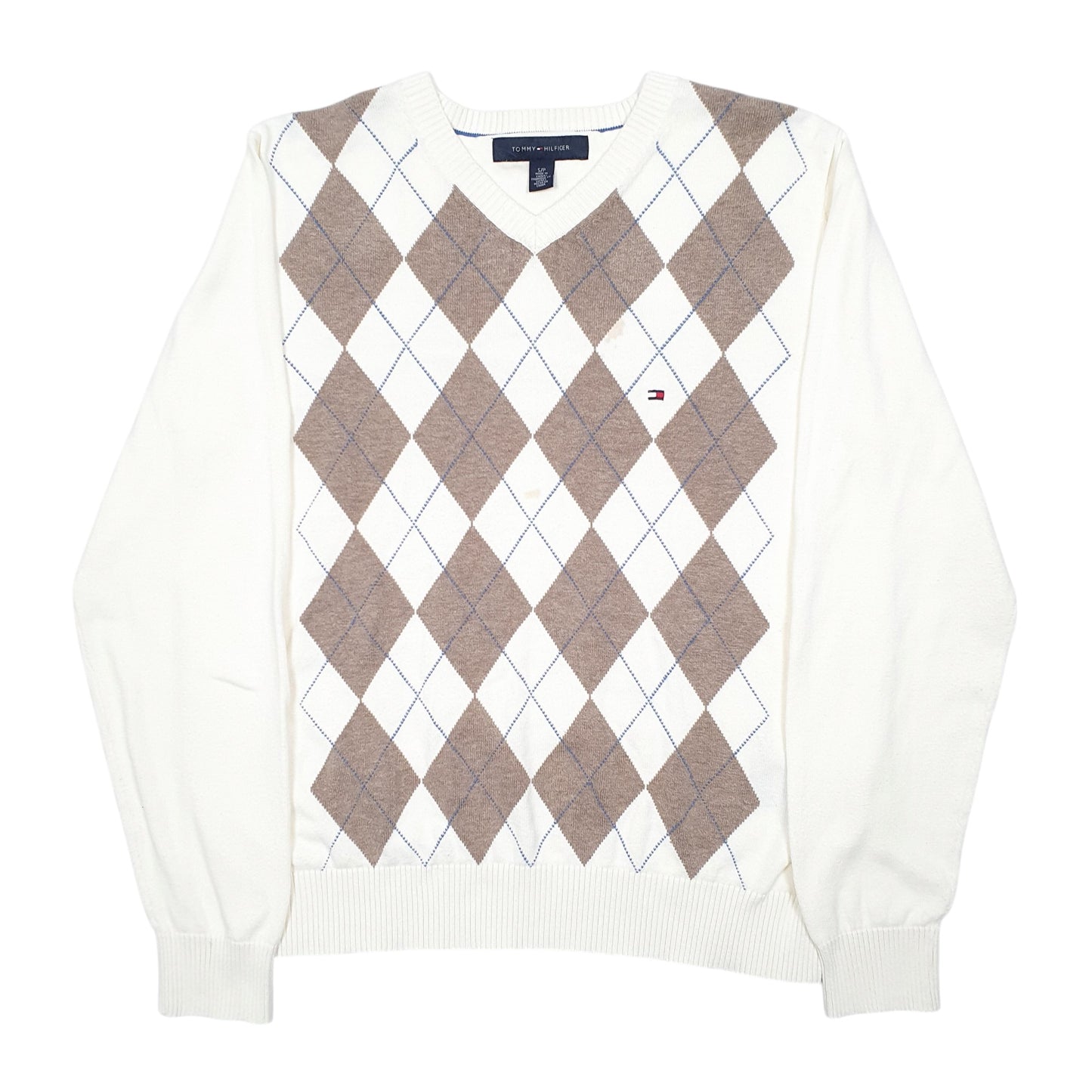 Mens Cream Tommy Hilfiger Knit Argyle V Neck Jumper