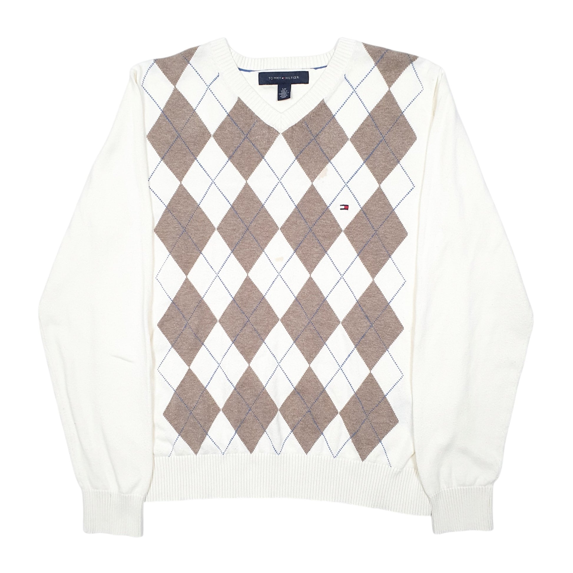 Mens Cream Tommy Hilfiger Knit Argyle V Neck Jumper