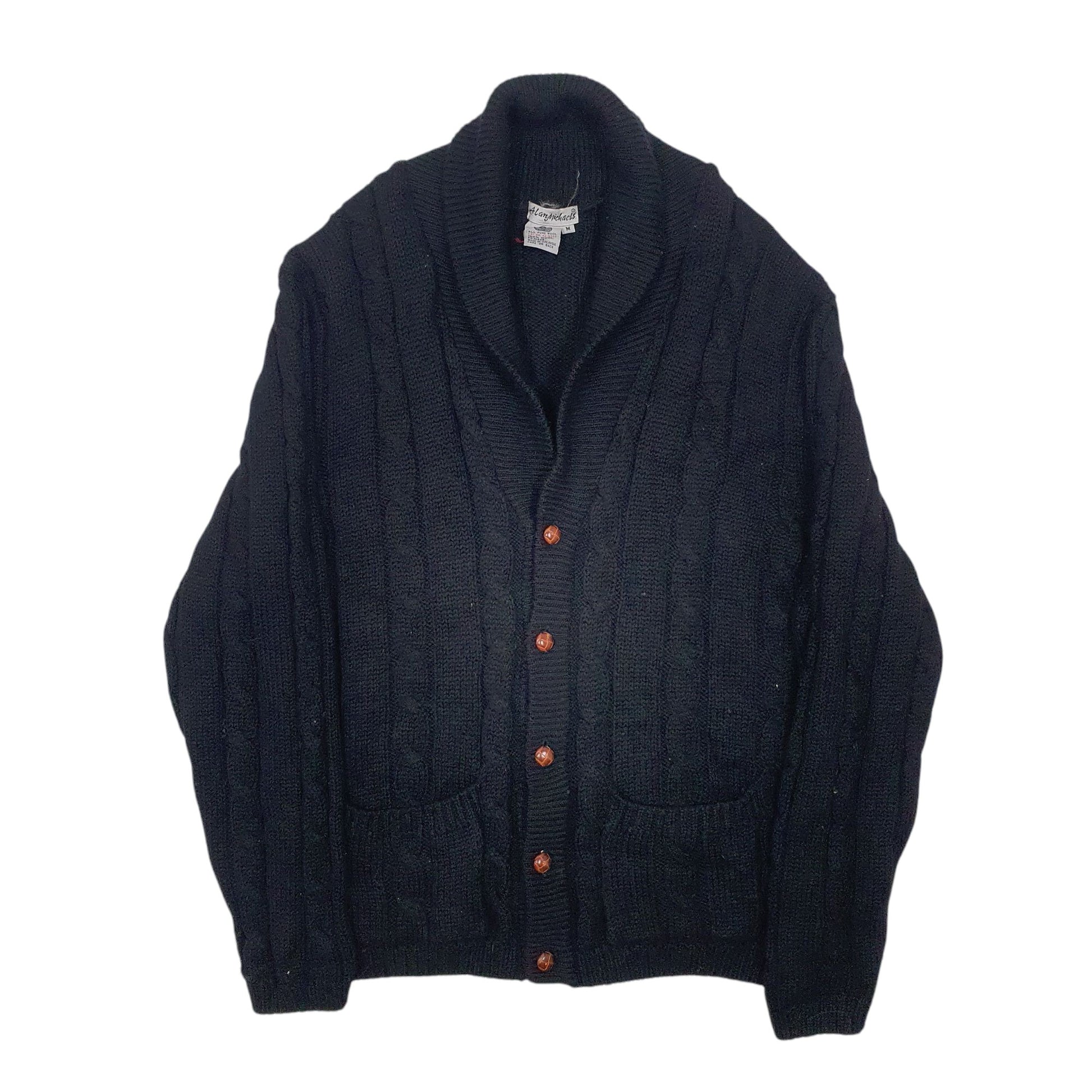 Mens Black Alan Michaels Vintage Cable Knit Knitwear Cardigan Jumper