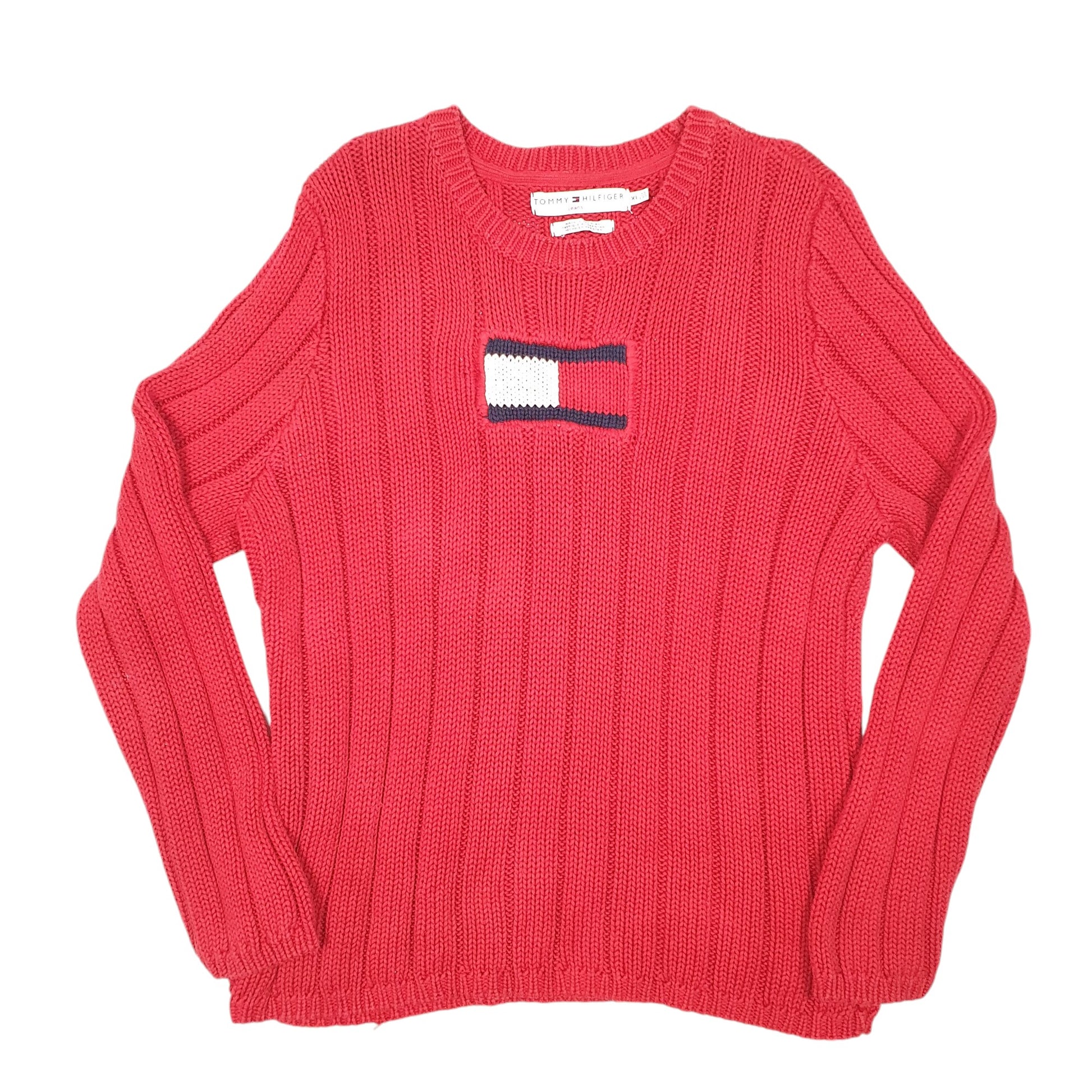 Womens Red Tommy Hilfiger Vintage Jeans Chunky Ribbed Cabe Box Logo 2000s Crewneck Jumper