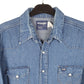 Mens Blue Wrangler Denim Jeans Vintage Western Pearl Snap Cowboy X Long Tails Long Sleeve Shirt