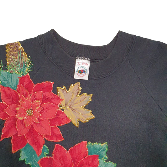 Womens Black Fruit Of The Loom Floral Vintage 90's Made In USA Crewneck Jumper