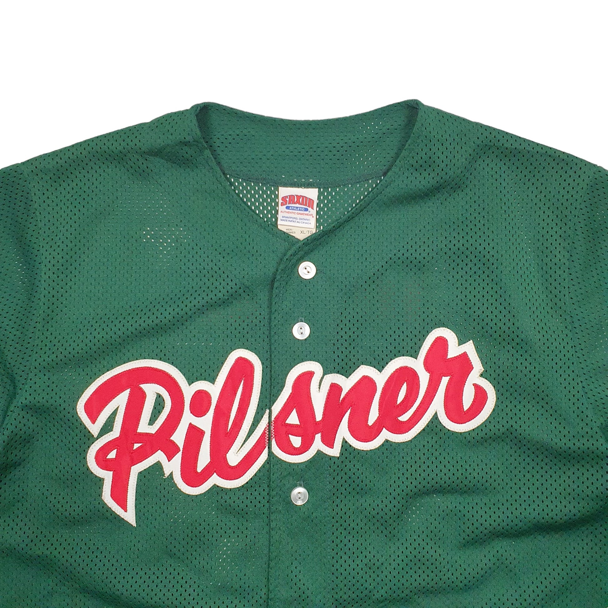 Mens Green Saxon Baseball Jersey Pilsner Spellout Short Sleeve T Shirt