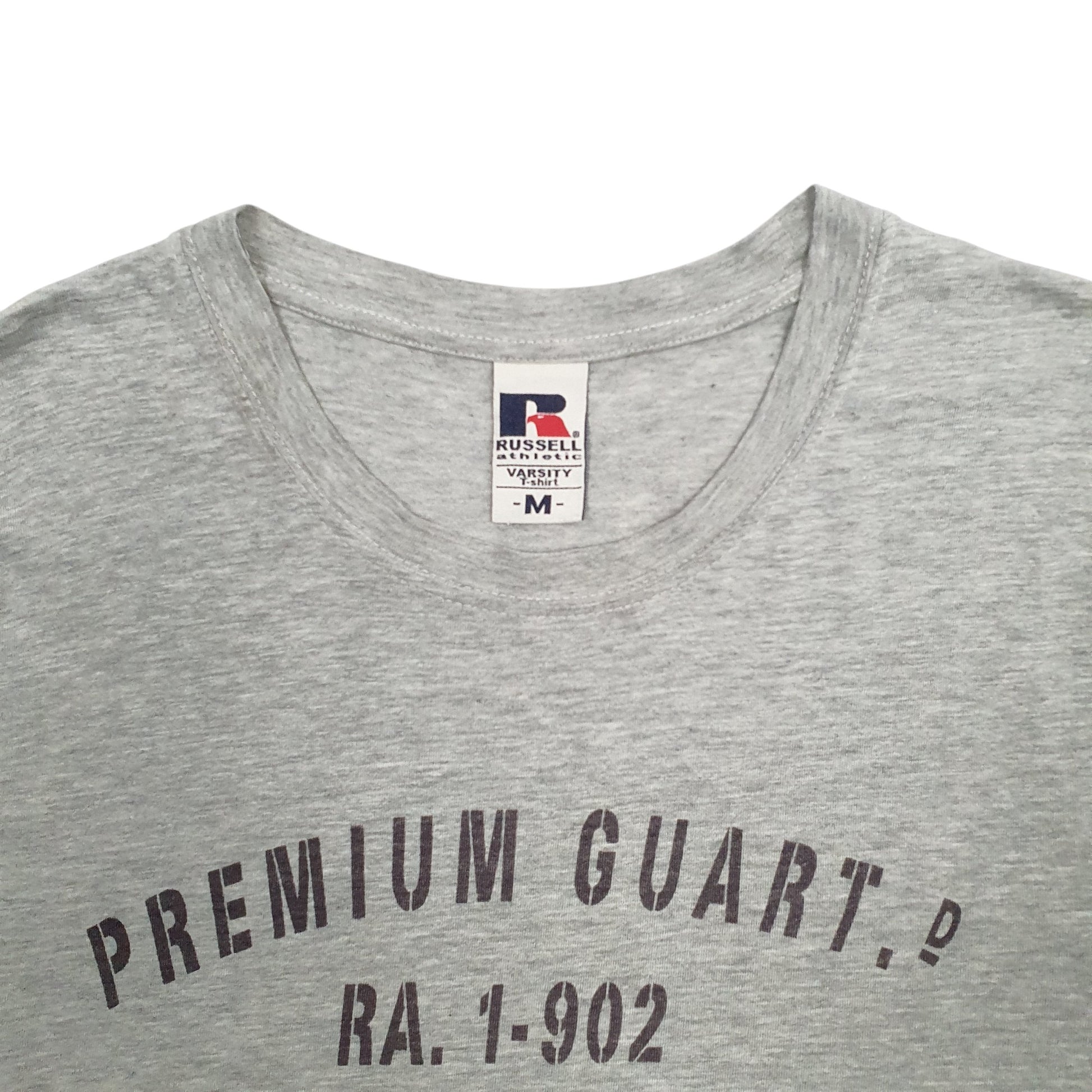 Mens Grey Russell Athletic Premium Guart Spellout Short Sleeve T Shirt