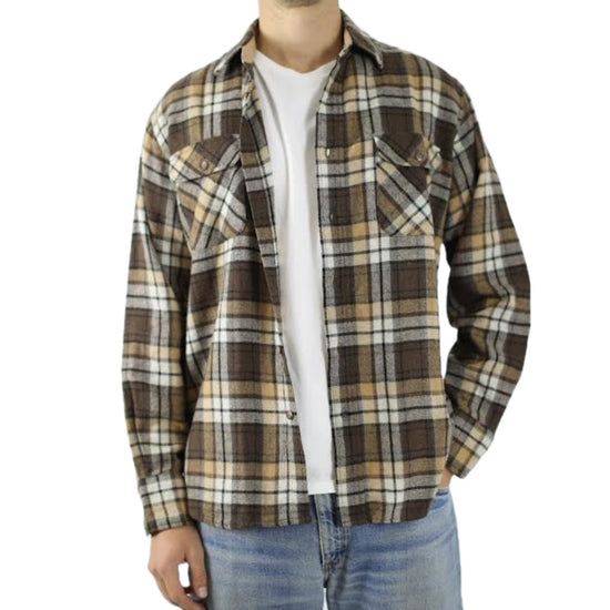 Brown Check Flannel Shirt Modelled with a White Ralph Lauren Shirt, Link to Shop All Flannel Shirts