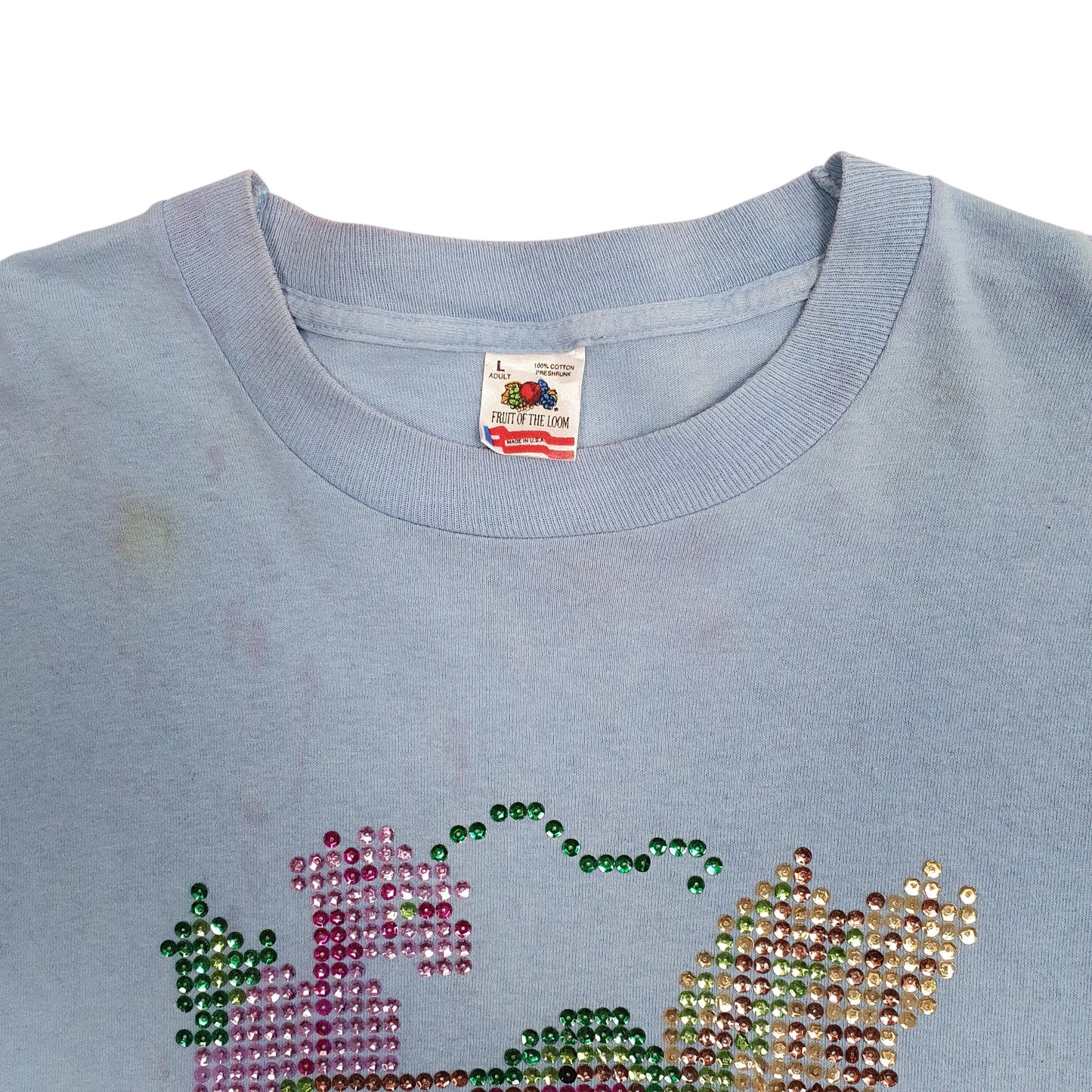 Mens Blue Fruit Of The Loom Single Stitch Vintage 90s Sequins  T Shirt