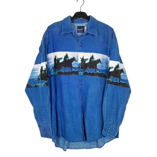 Mens Blue Wrangler Vintage 90s Western Shirts Pearl Snap Long Sleeve Shirt