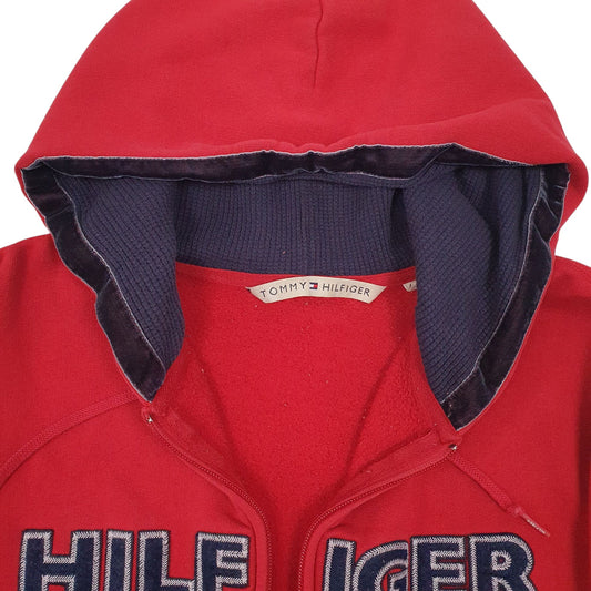 Womens Red Tommy Hilfiger Hoodie Spellout Quarter Zip Jumper