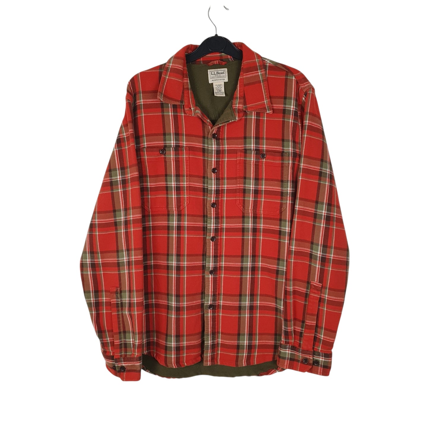 Mens Orange L.L.Bean Thick Fleece Lined Plaid Flannel Long Sleeve Shirt
