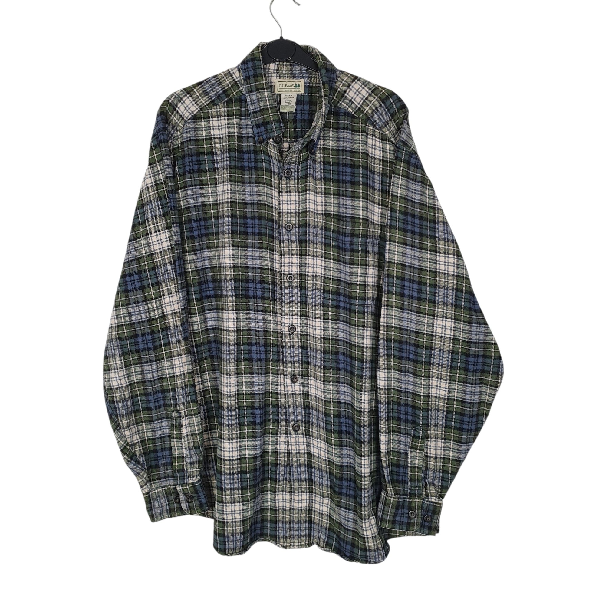 Mens Green L.L.Bean Thick Flannel Plaid Long Sleeve Shirt