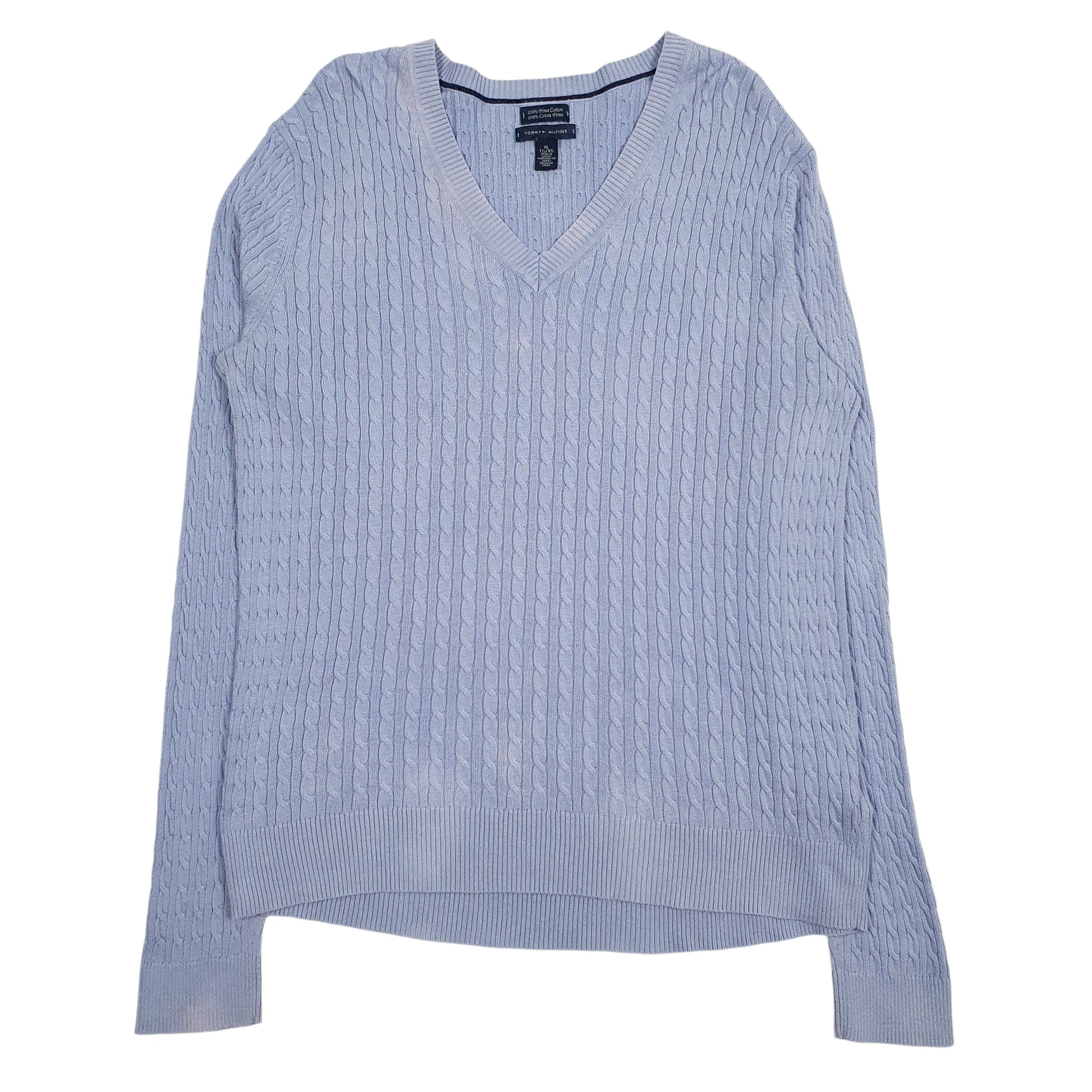Womens Blue Tommy Hilfiger Cable Knit Knitwear V Neck Jumper