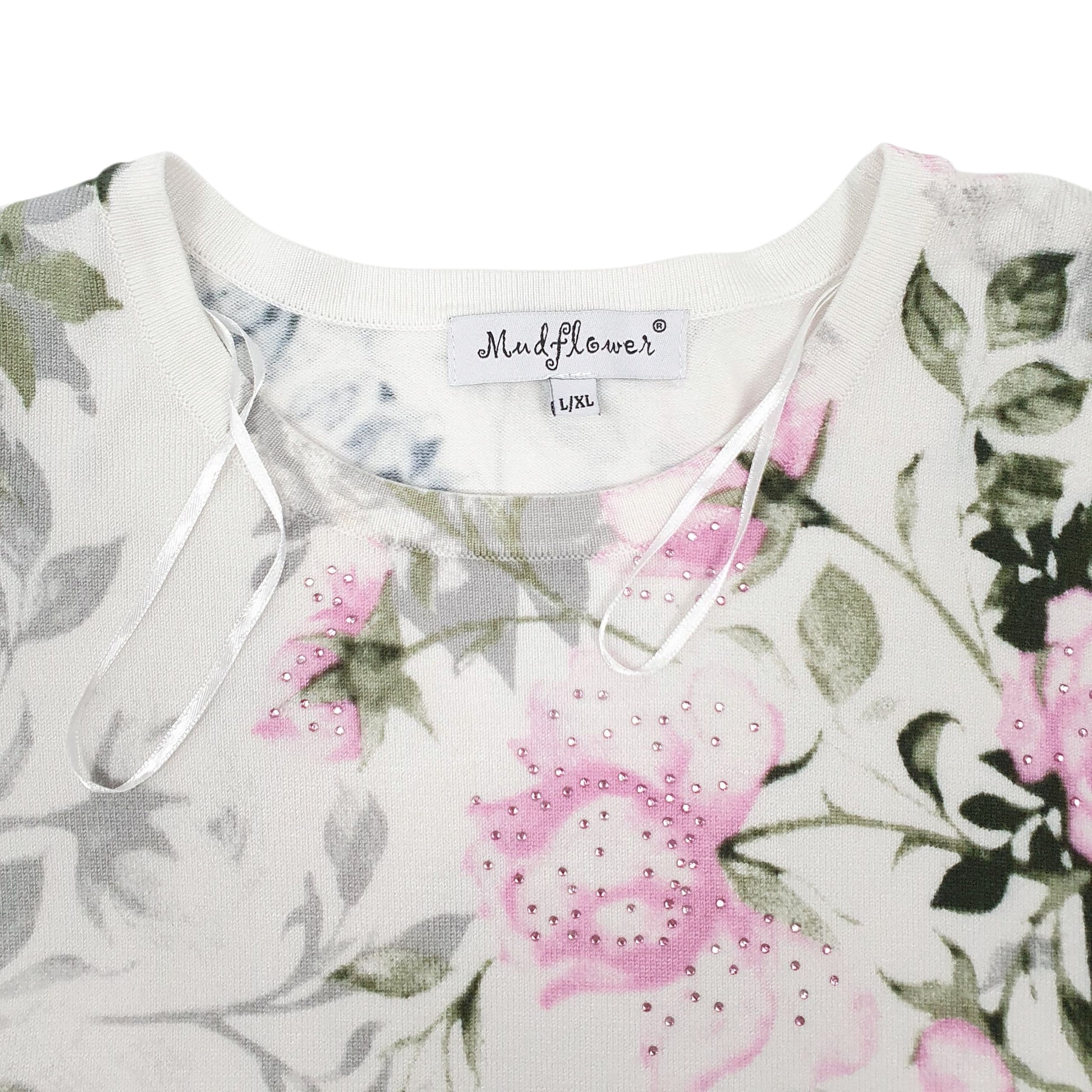 Womens White Mud Flowers Blouse  T Shirt