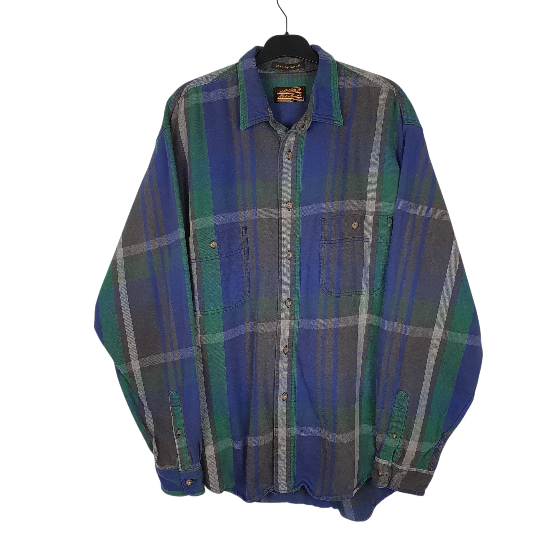 Mens Navy Eddie Bauer McKinley Flannel Vintage 1980s Long Sleeve Shirt