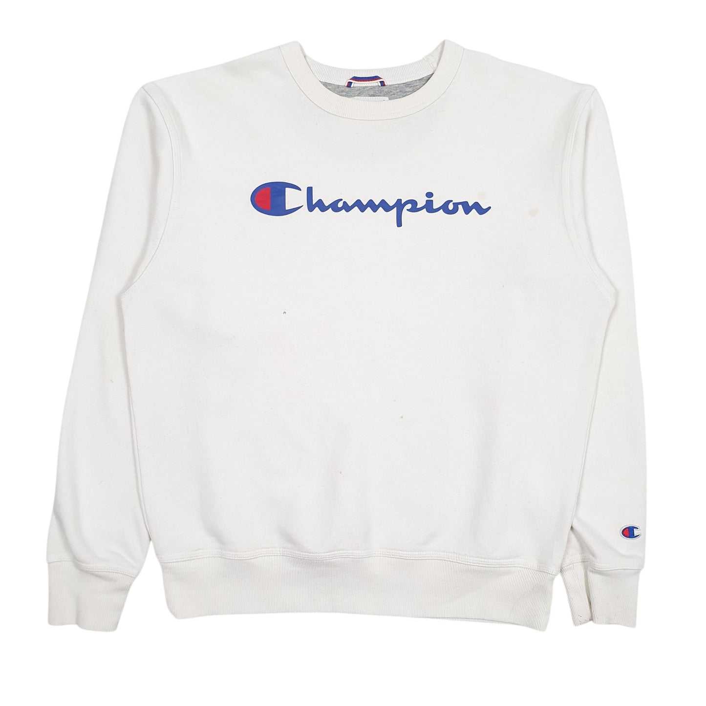 Mens White Champion Spellout Crewneck Jumper
