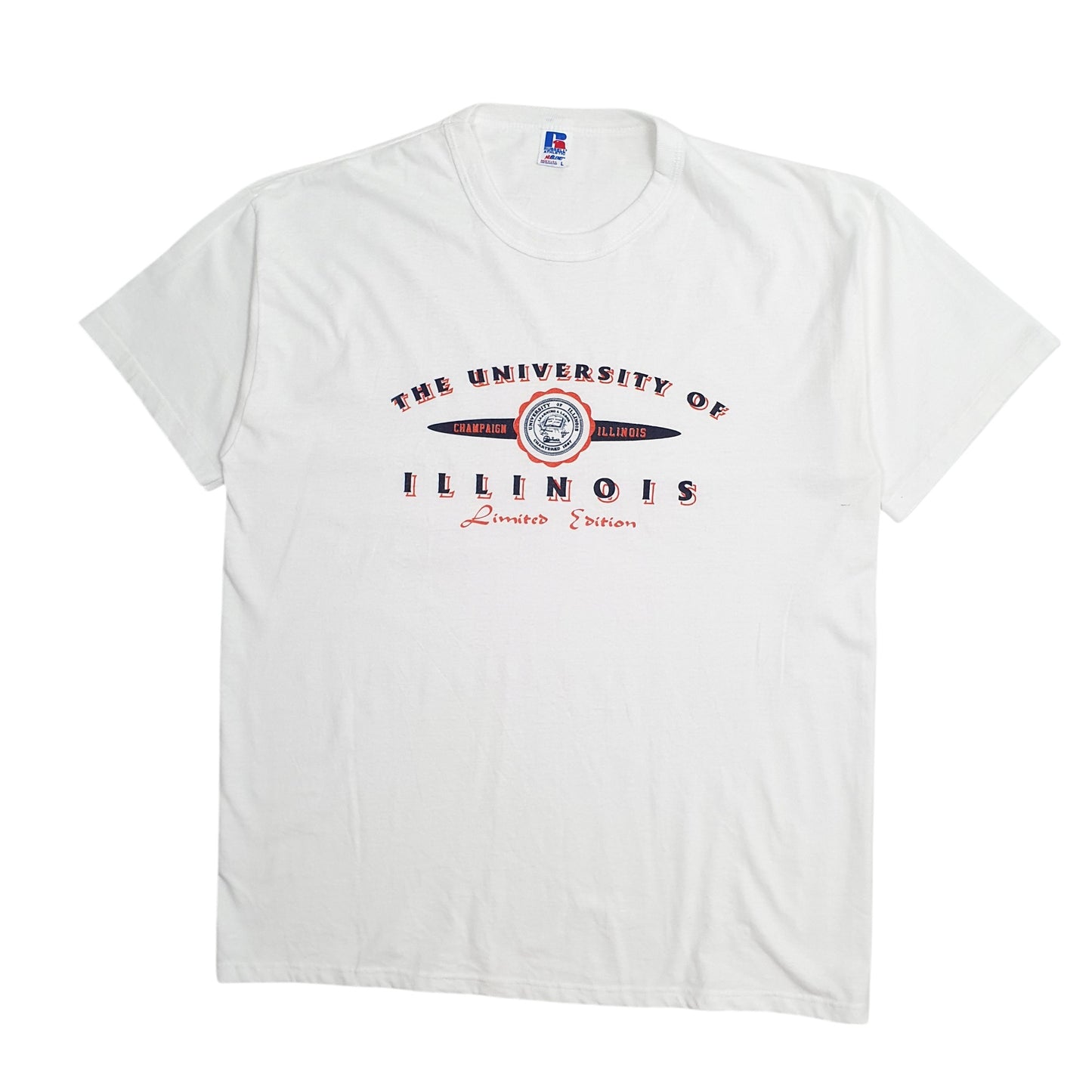 Mens White Russell Athletic Single Stitch Vintage 90s Illinois University Short Sleeve T Shirt