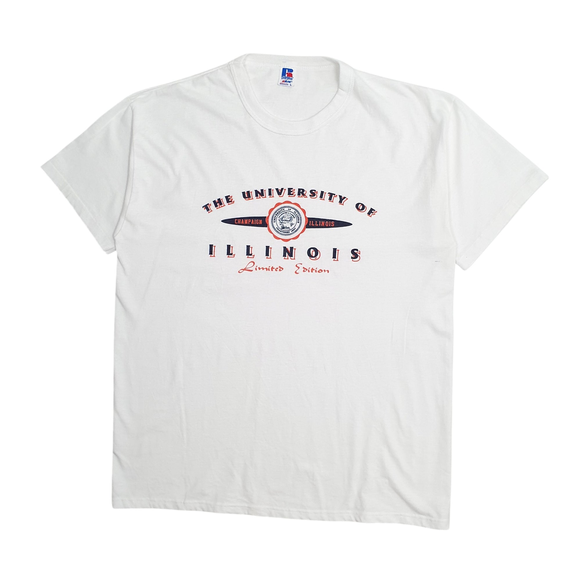 Mens White Russell Athletic Single Stitch Vintage 90s Illinois University Short Sleeve T Shirt