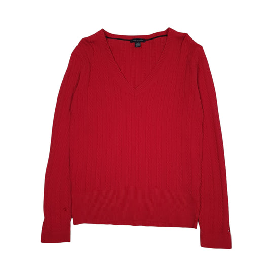 Womens Red Tommy Hilfiger Cable Knit V Neck Jumper
