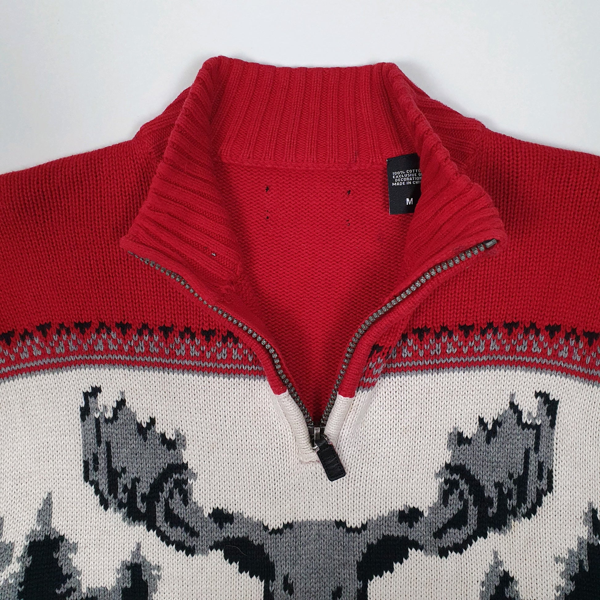 Mens Red Unbranded Xmas Moose Knit Quarter Zip Jumper
