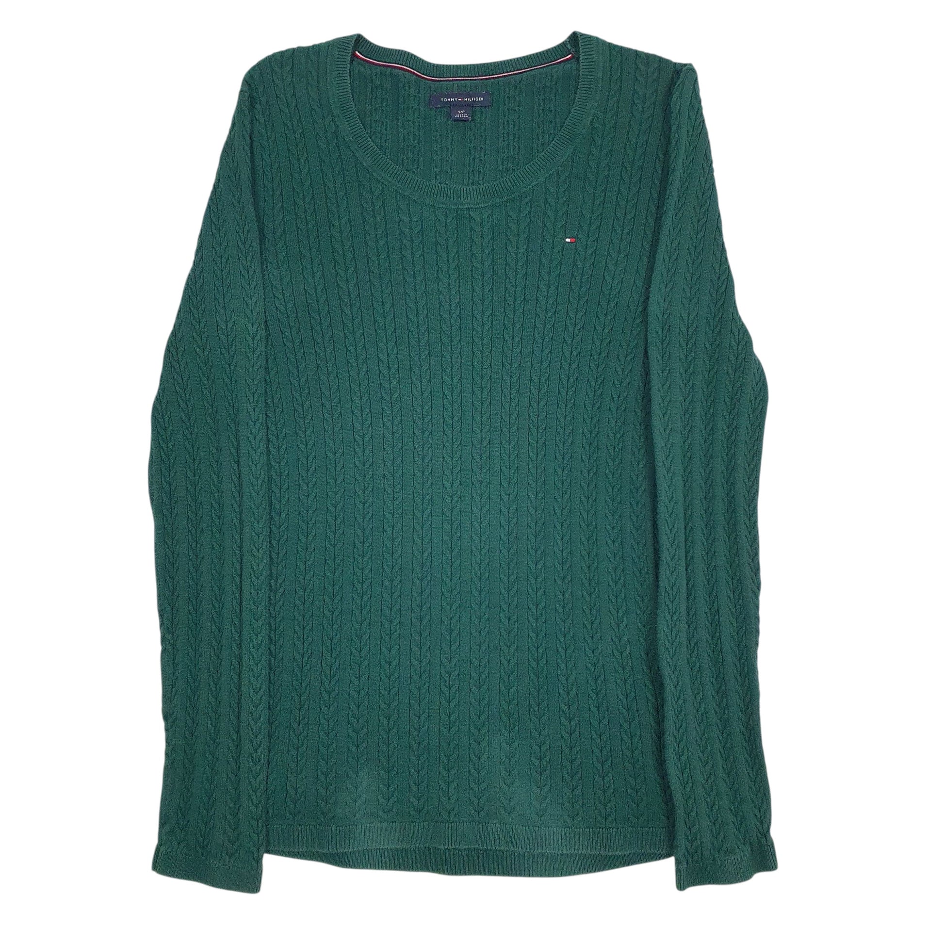 Womens Green Tommy Hilfiger Cable Knit Crewneck Jumper