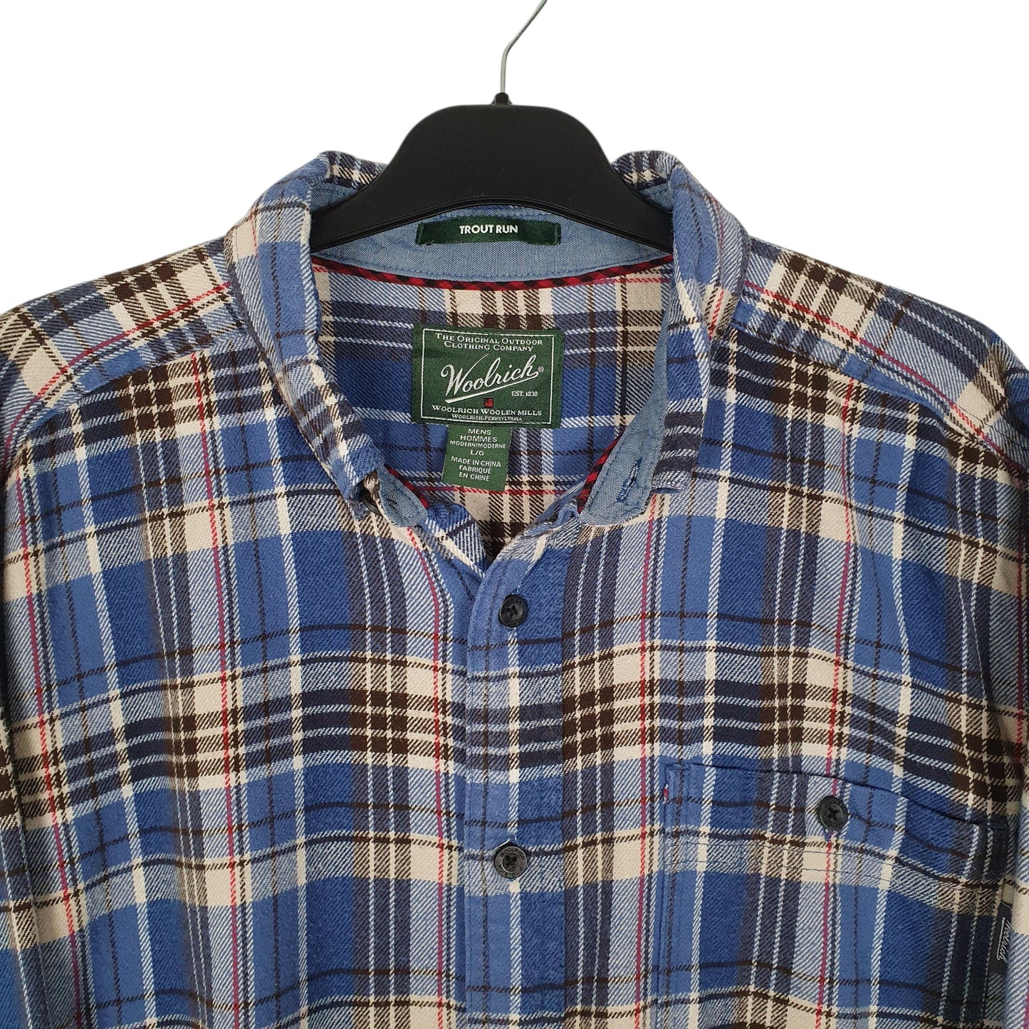 Mens Blue Woolrich Trout Run Thick Flannel Plaid  Shirt