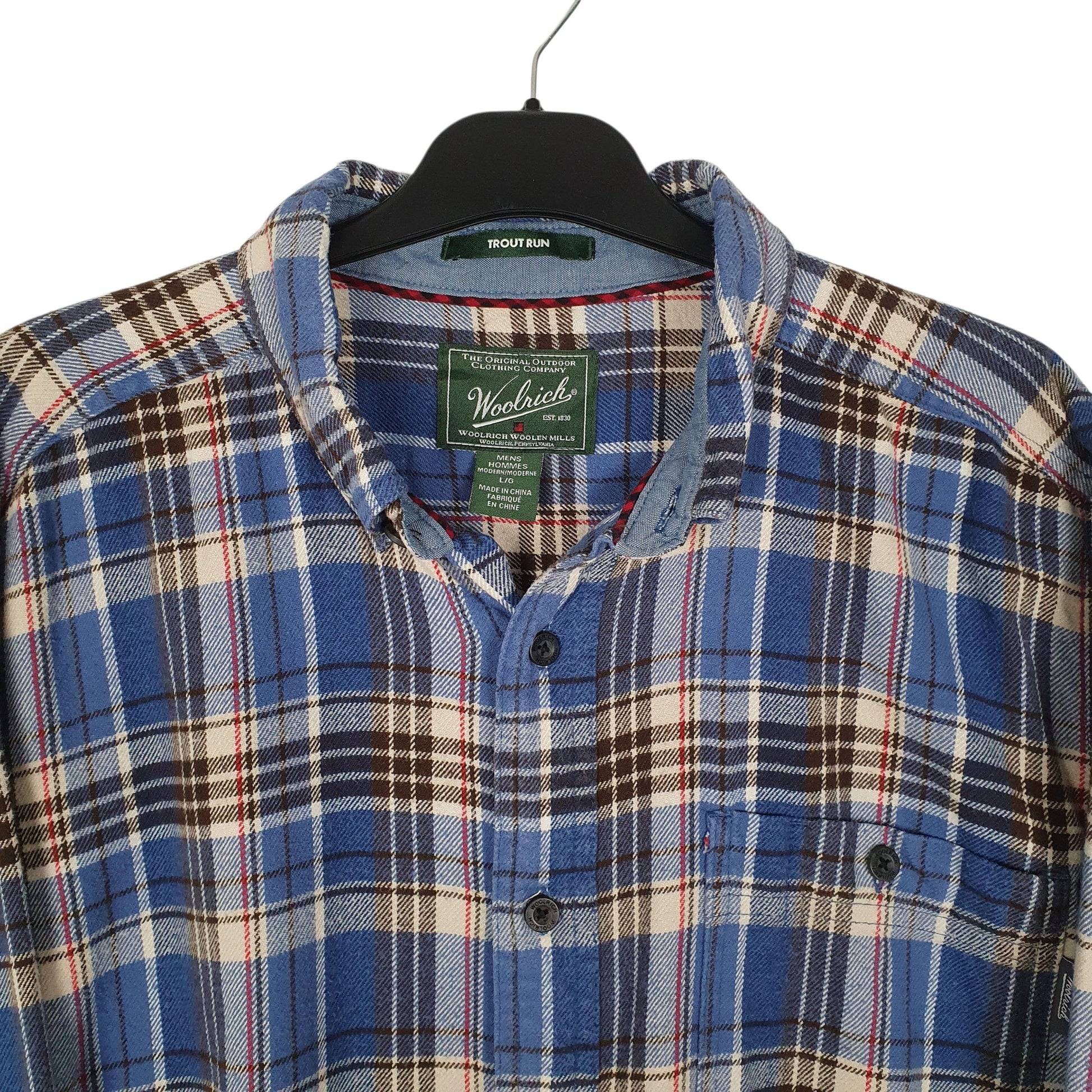 Mens Blue Woolrich Trout Run Thick Flannel Plaid  Shirt
