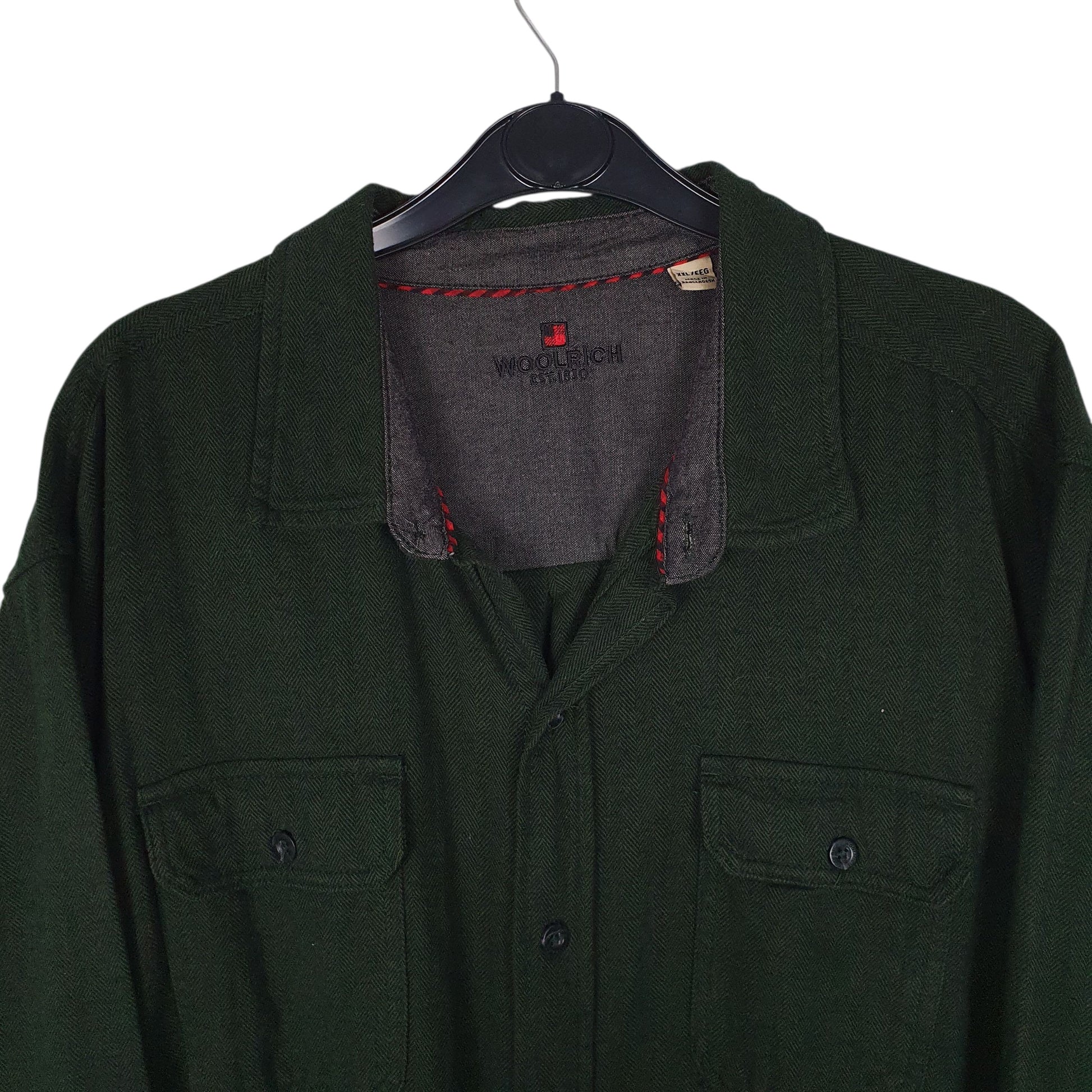 Mens Green Woolrich Thick Herringbone  Shirt