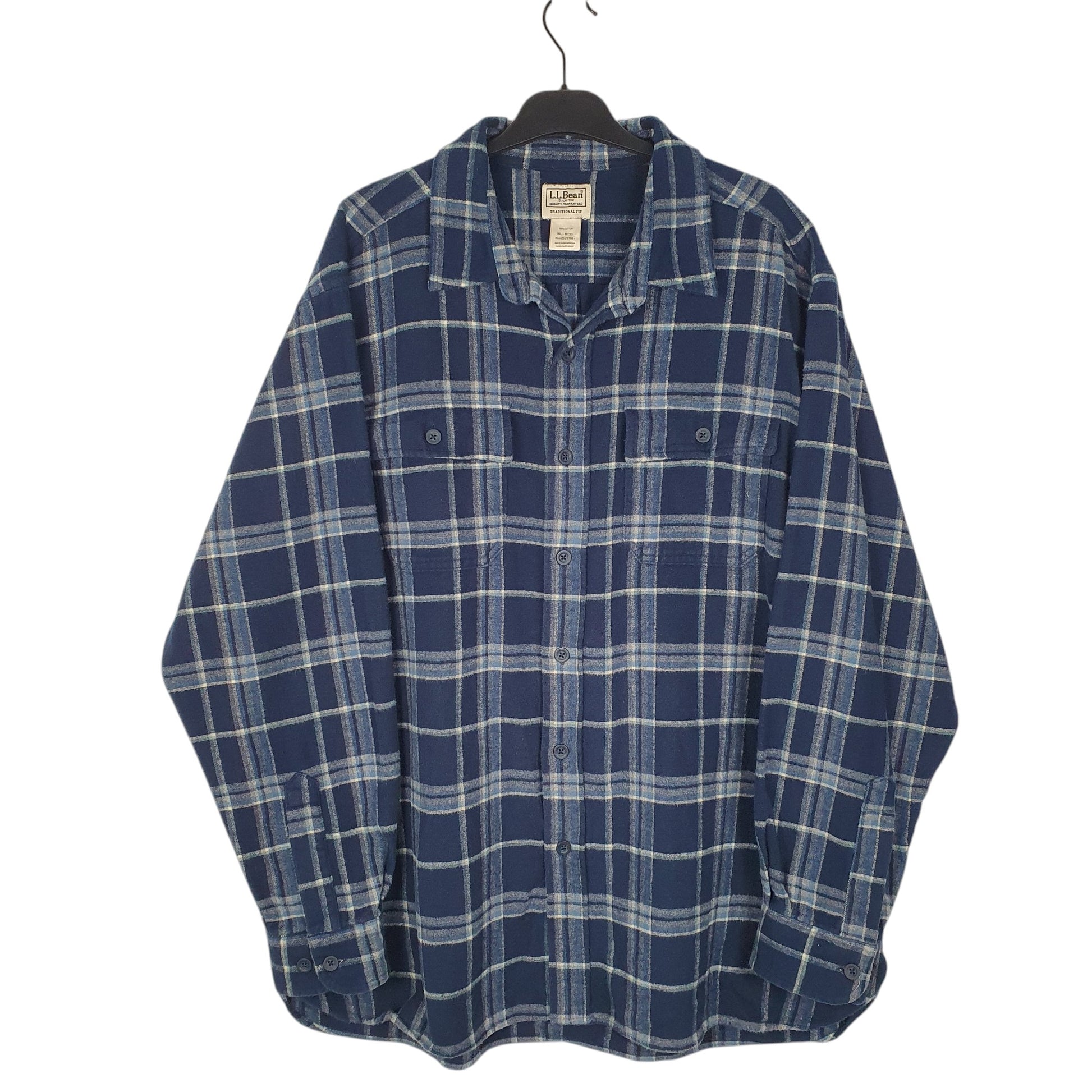 Mens Navy L.L.Bean Thick Flannel Plaid Chamois Long Sleeve Shirt