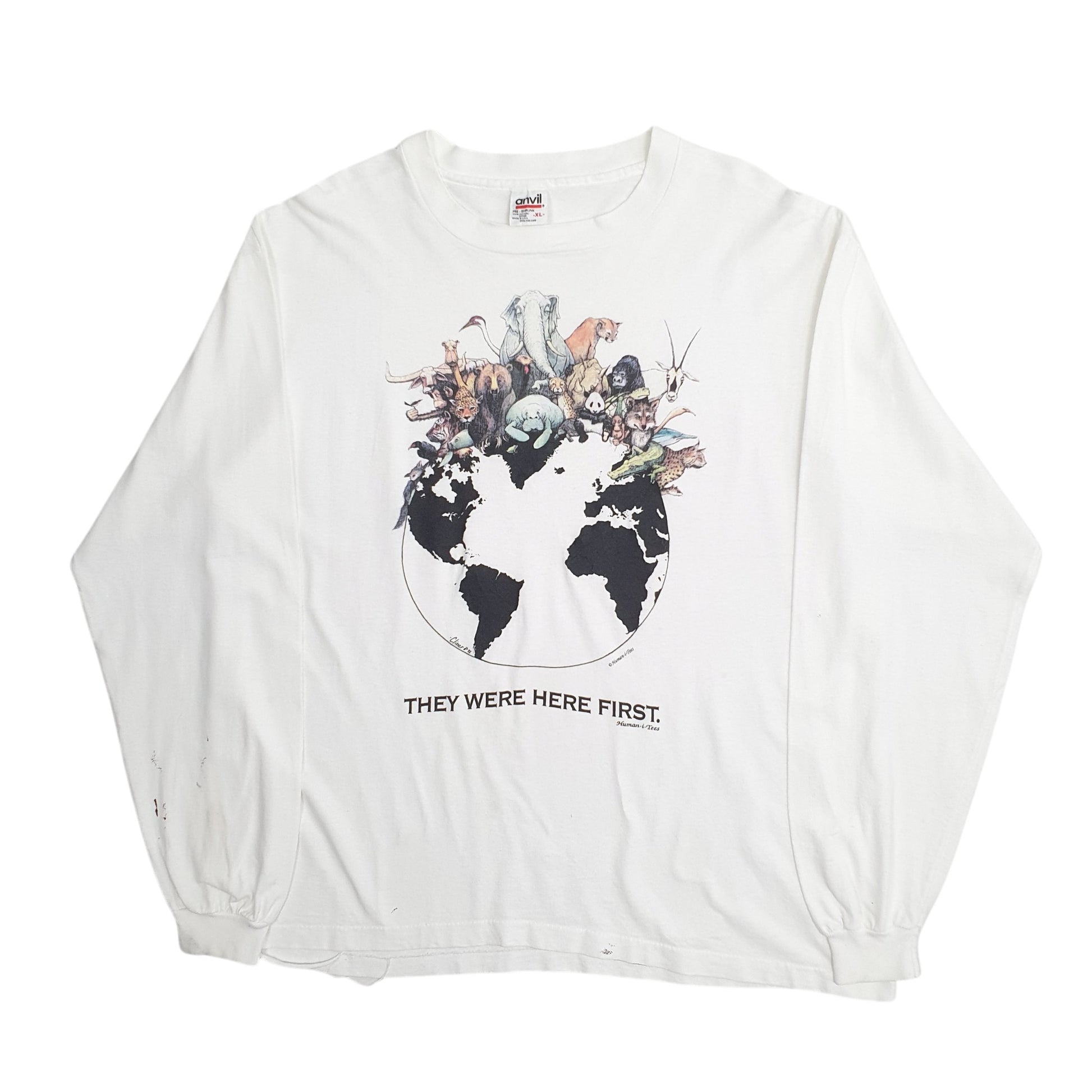 Mens White Anvil Single Stitch Vintage 90s Long Sleeve T Shirt