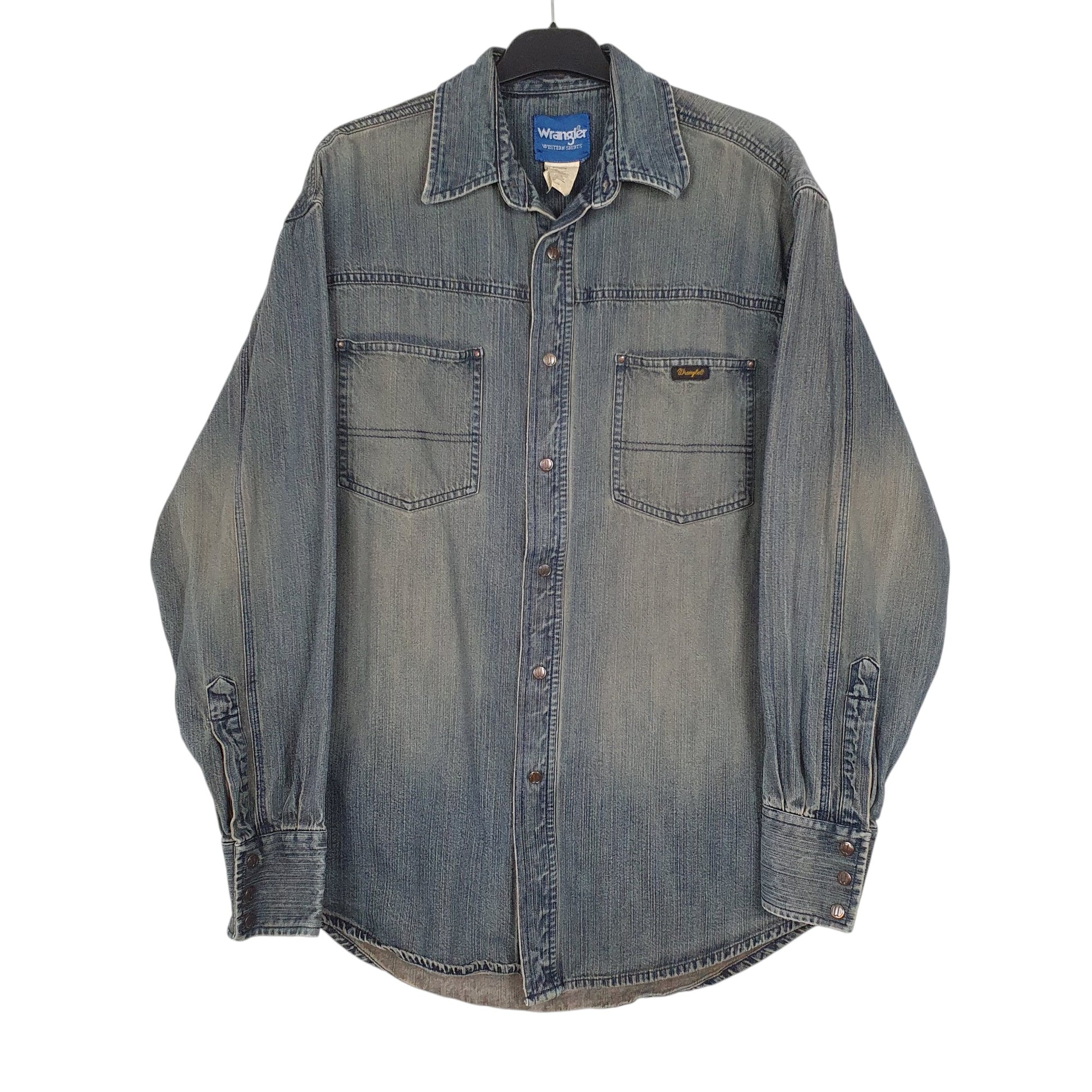 Mens Navy Wrangler Denim Snap Rodeo Long Sleeve Shirt