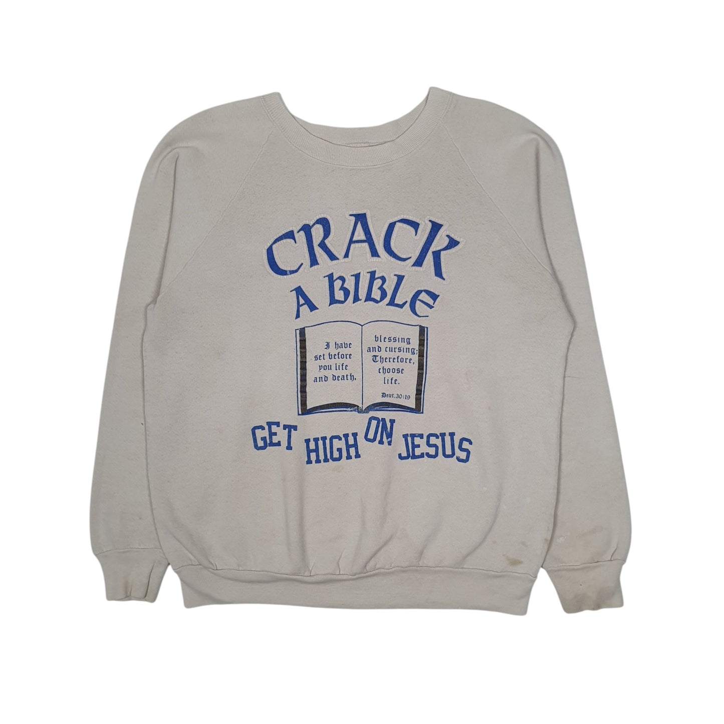 Mens Grey Fruit Of The Loom Vintage 90s Made In USA Jesus Bible Crewneck Jumper