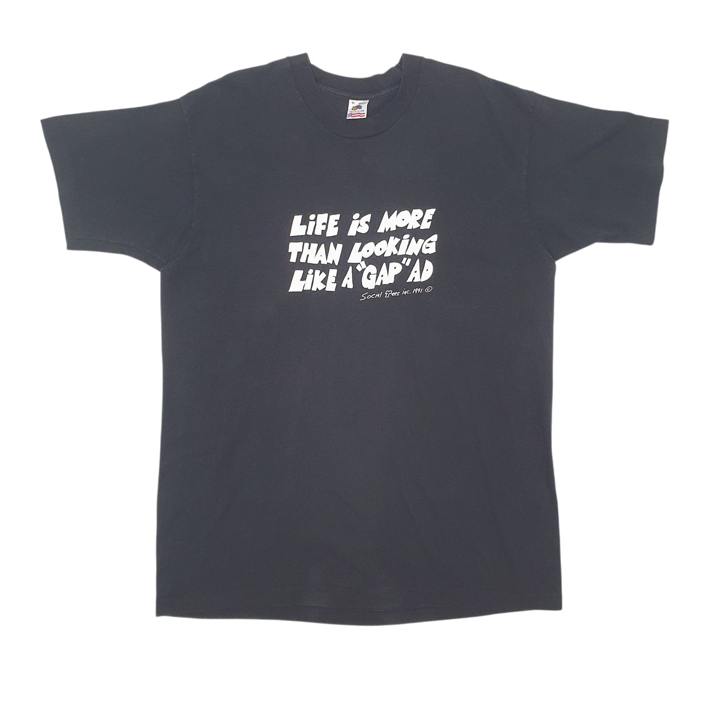 Mens Black Fruit Of The Loom Single Stitch Vintage 90s Short Sleeve T Shirt