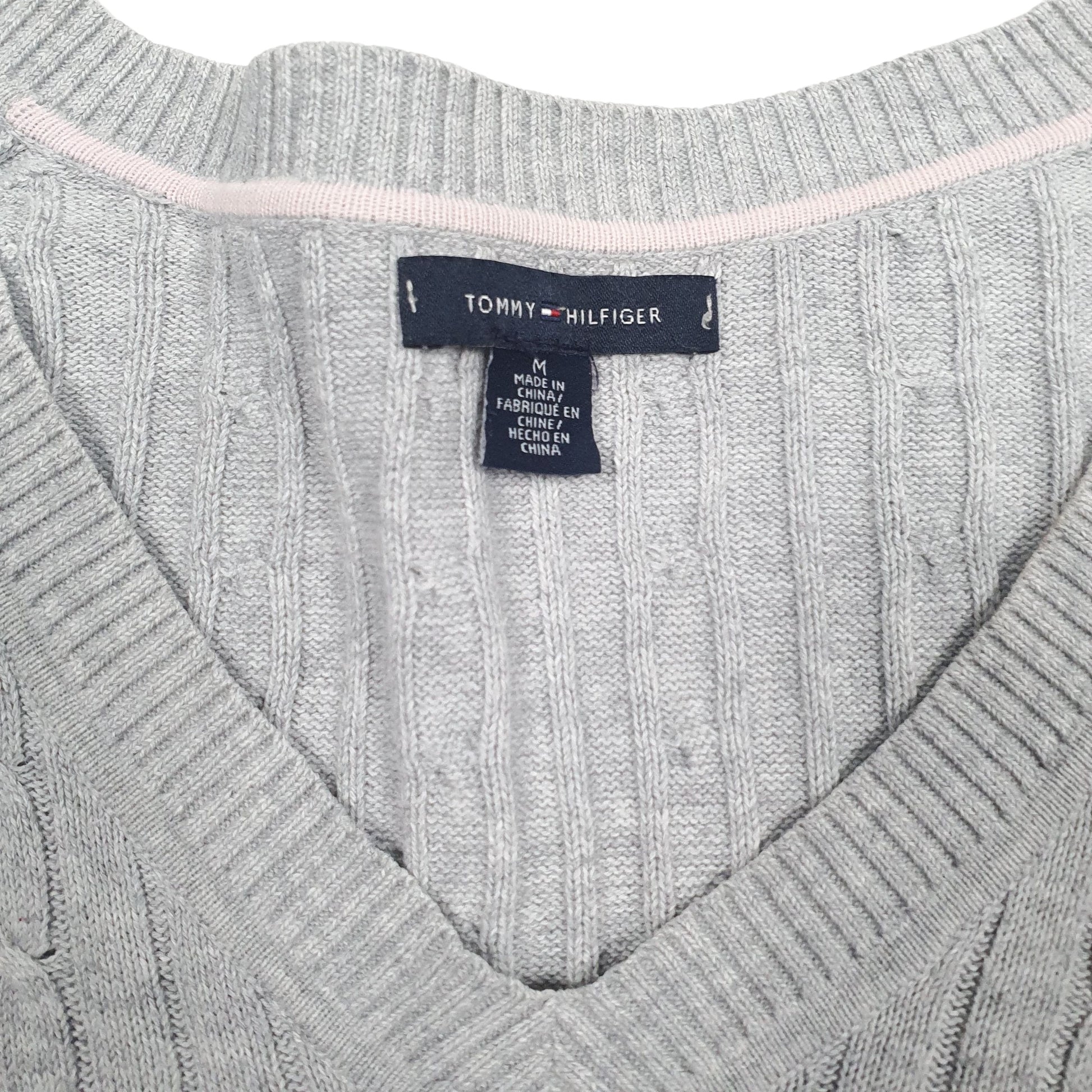 Womens Grey Tommy Hilfiger Cable Knit Knitwear V Neck Jumper