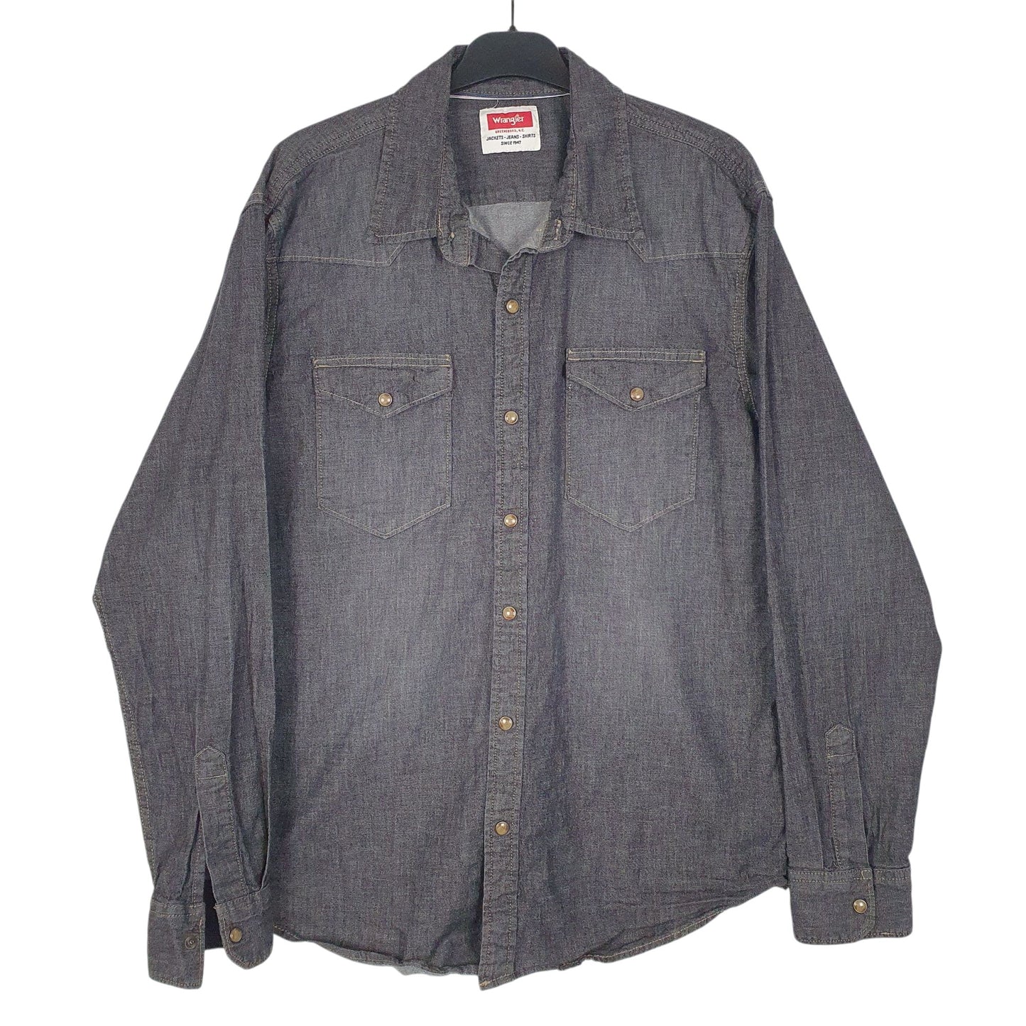 Mens Grey Wrangler Pearl Snap Denim Long Sleeve Shirt