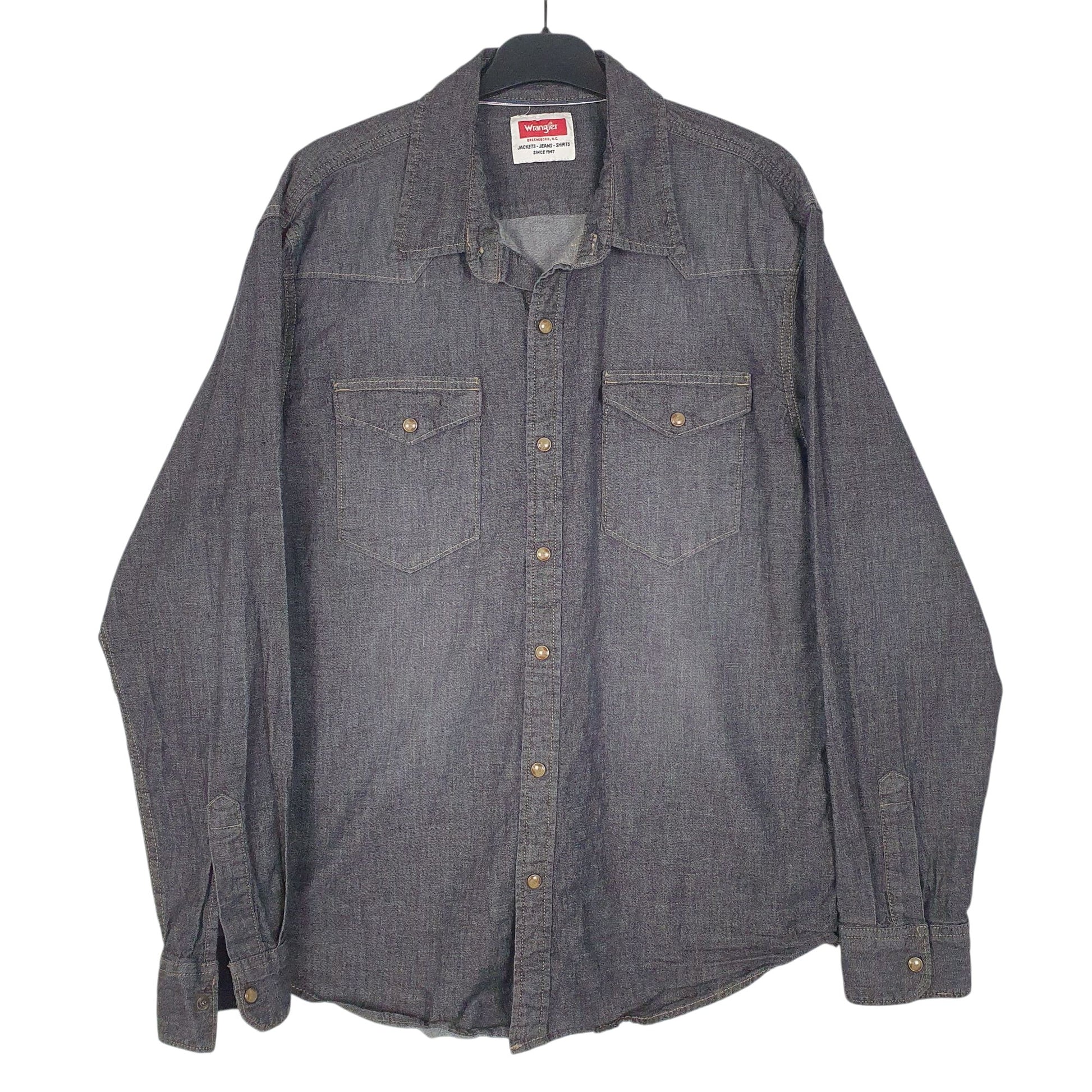 Mens Grey Wrangler Pearl Snap Denim Long Sleeve Shirt