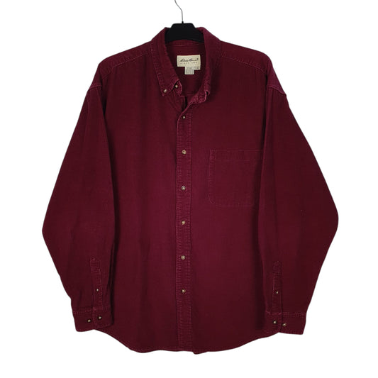 Mens Burgundy Eddie Bauer Corduroy Vintage 90s Long Sleeve Shirt
