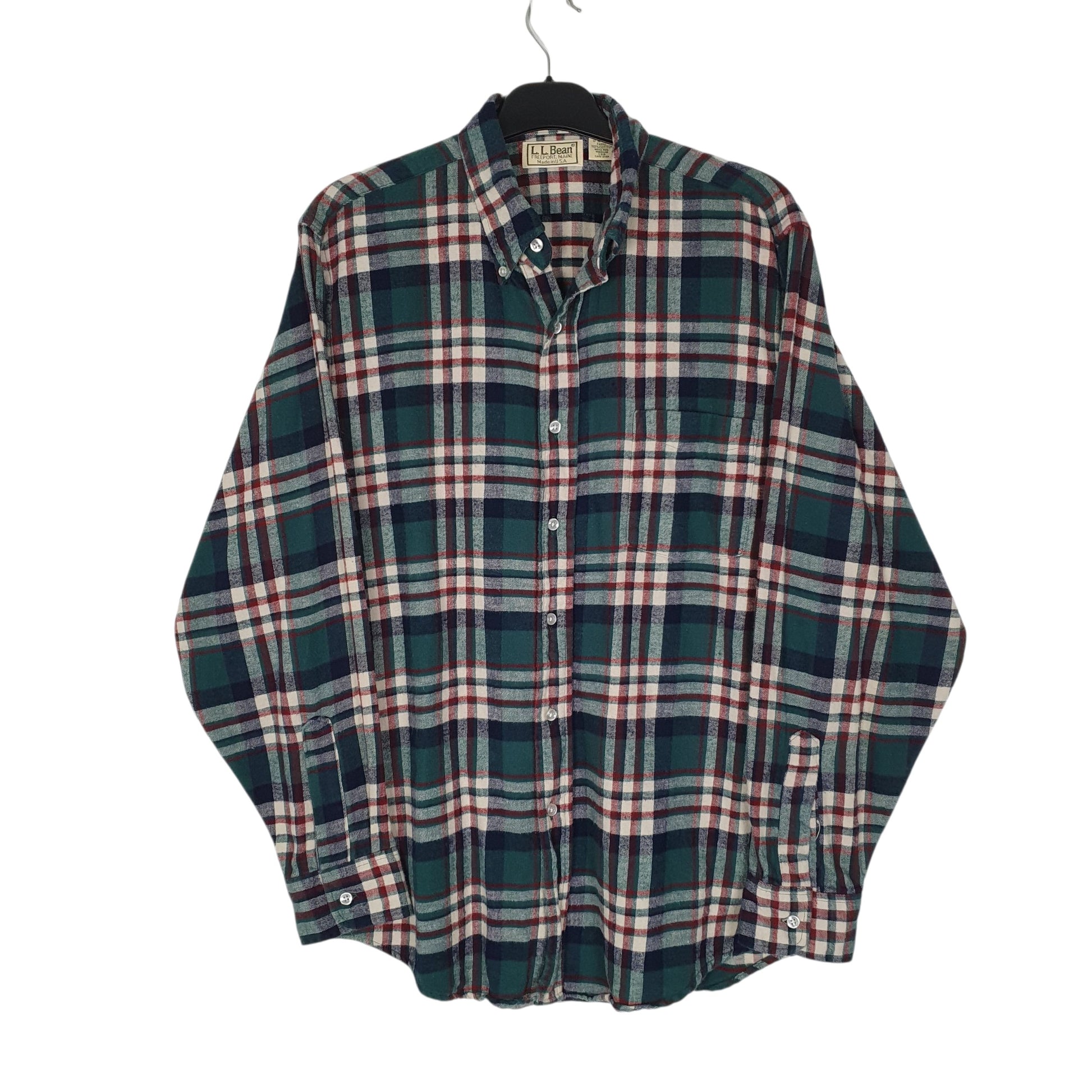 Mens Green L.L.Bean Scotch Plaid Flannel Vintage 90s Long Sleeve Shirt