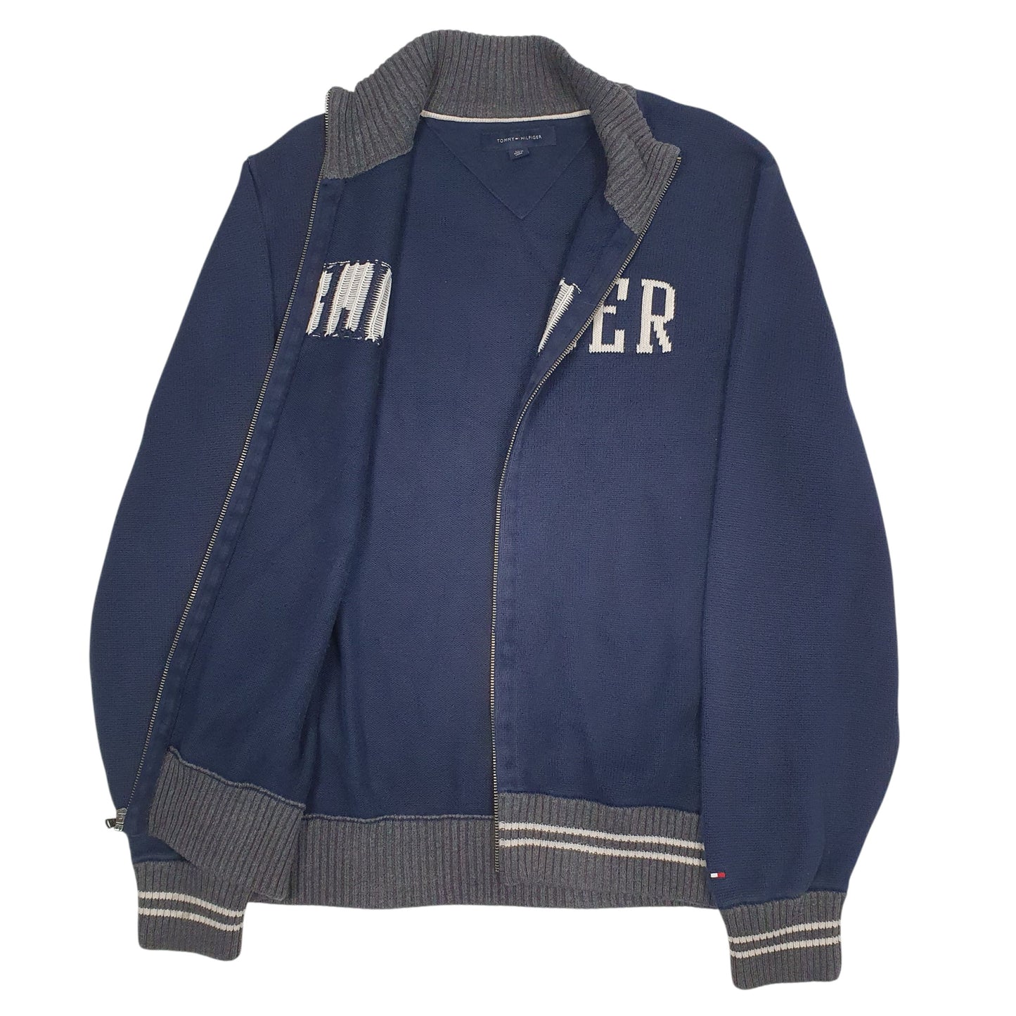 Mens Navy Tommy Hilfiger Spellout Heavyweight Knit Full Zip Jumper