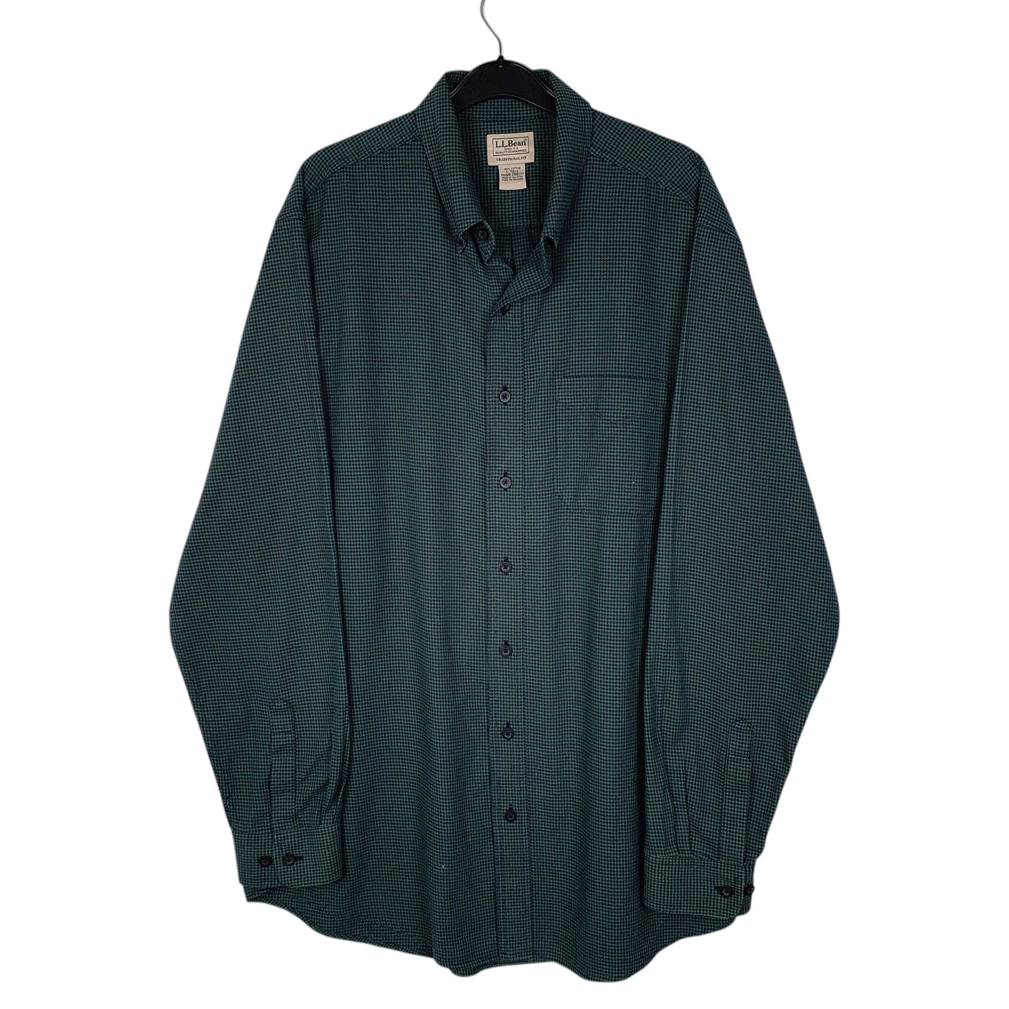 Mens Green L.L.Bean Thick Flannel Houndstooth Long Sleeve Shirt