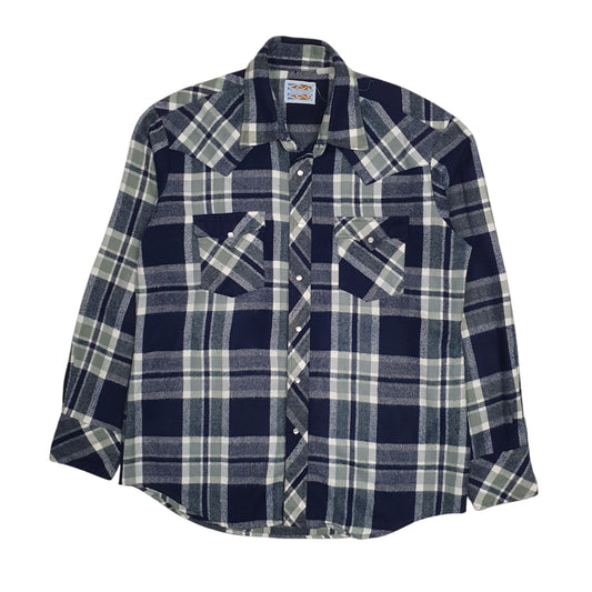 Mens Navy Pardners Vintage 90s Plaid Western Cowboy Long Sleeve Shirt