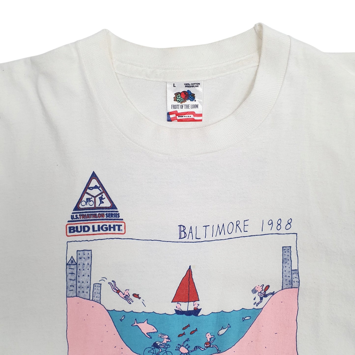 Mens White Fruit Of The Loom Single Stitch Vintage 80s Baltimore Triathalon  T Shirt
