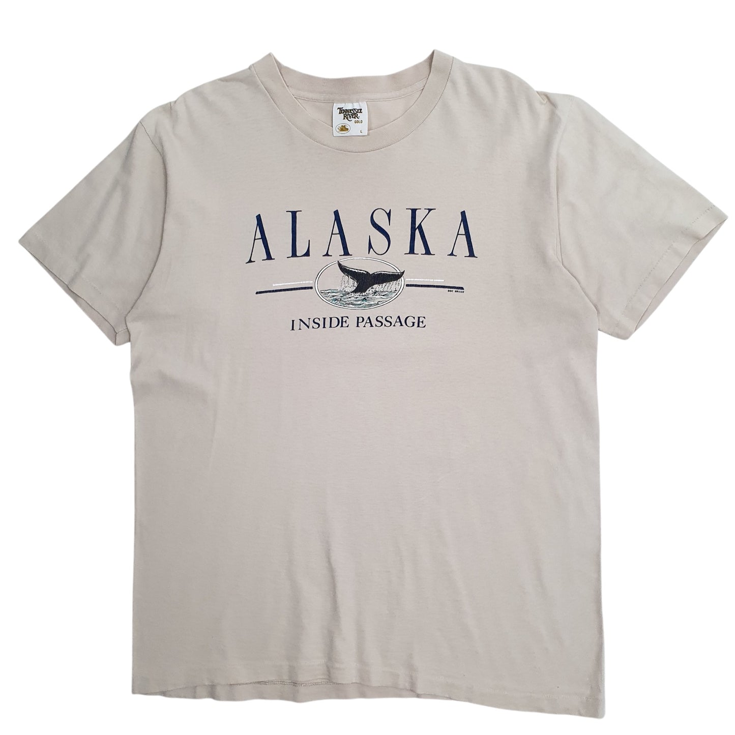 Mens Beige Tennessee River Single Stitch Vintage 90s Alaska Short Sleeve T Shirt